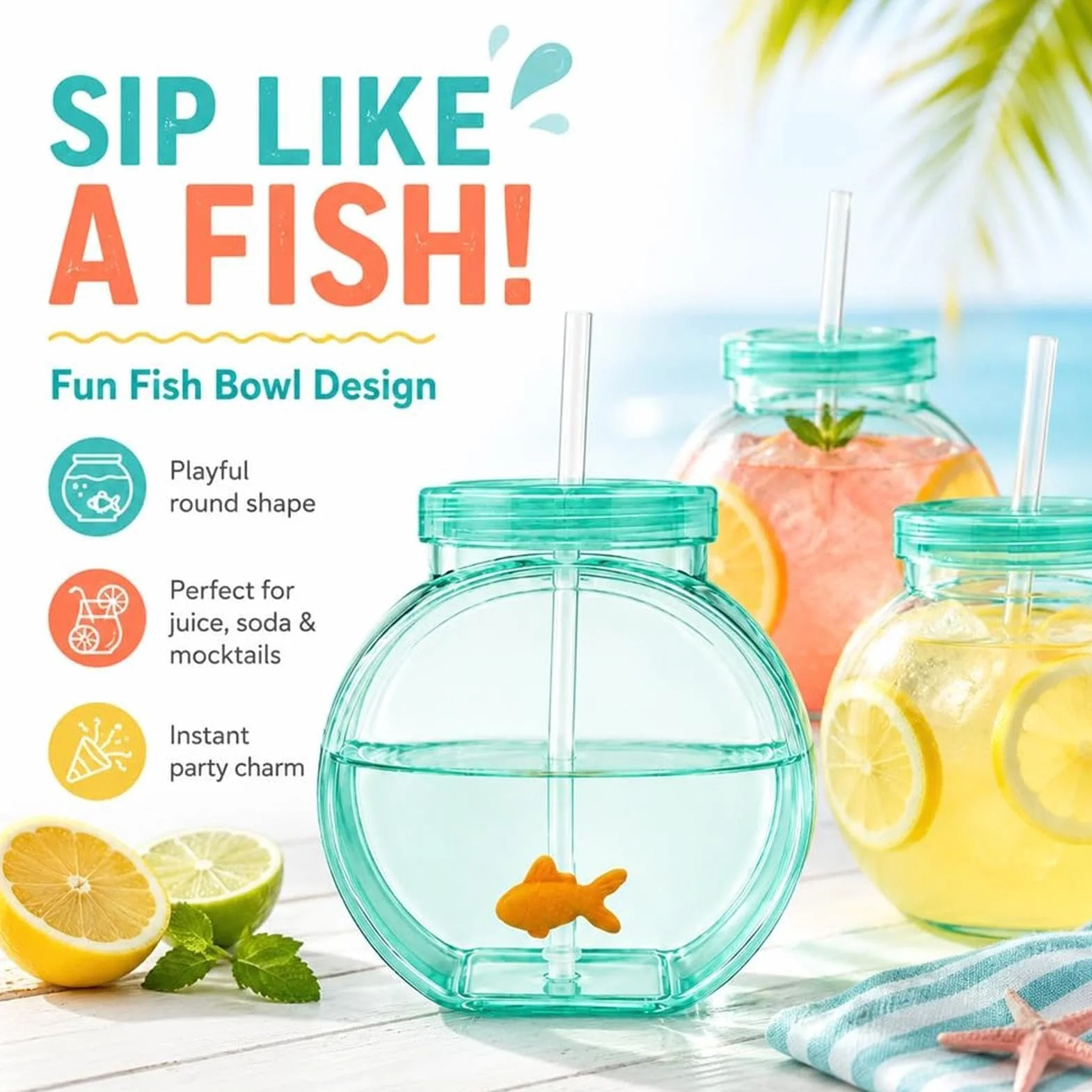 Bols à poisson pour boissons portables réutilisables avec paille et couvercle pour cocktail jus soda