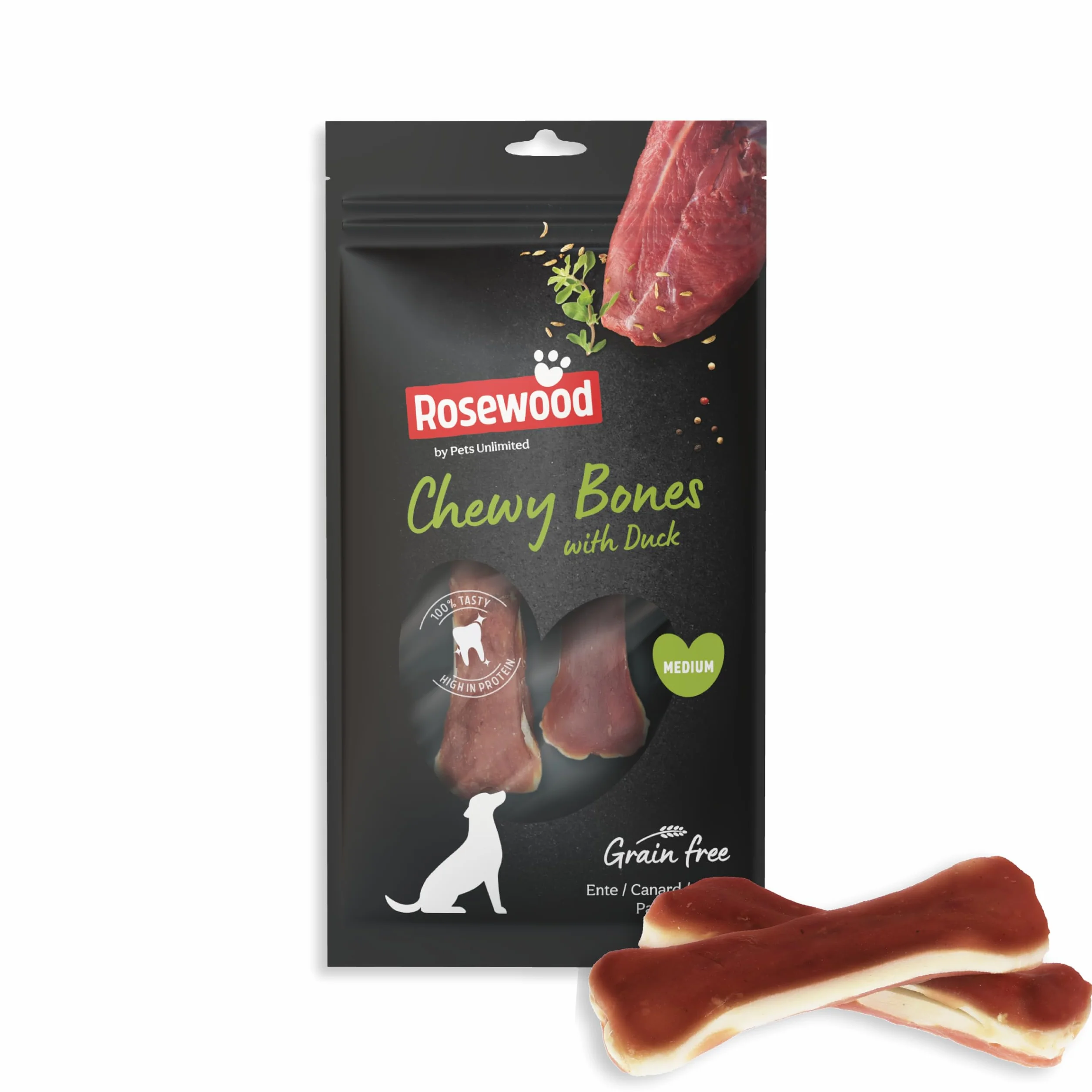 Rosewood Chewy Bones Canard Medium Friandise à mâcher pour Chien Peau de bœuf 80 g