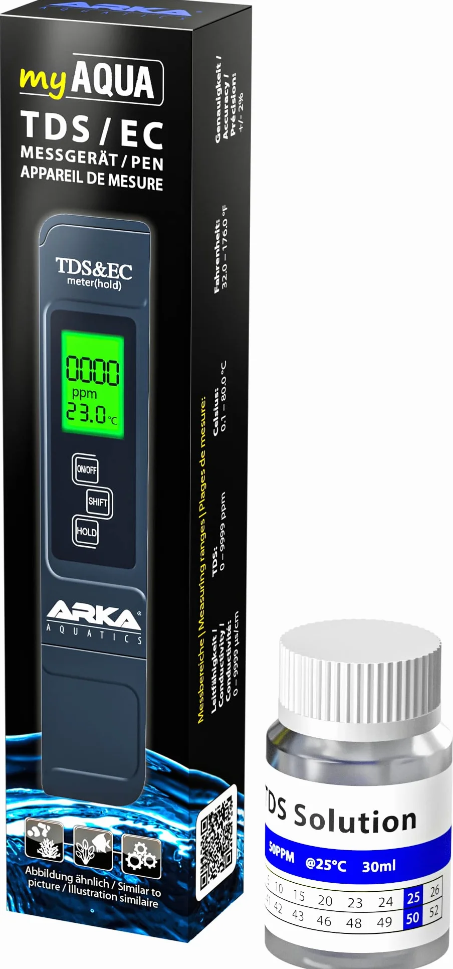 ARKA myAQUA TDS/EC Meter 3in1 - Mesure fiable TDS, EC et température avec solution d'étalonnage