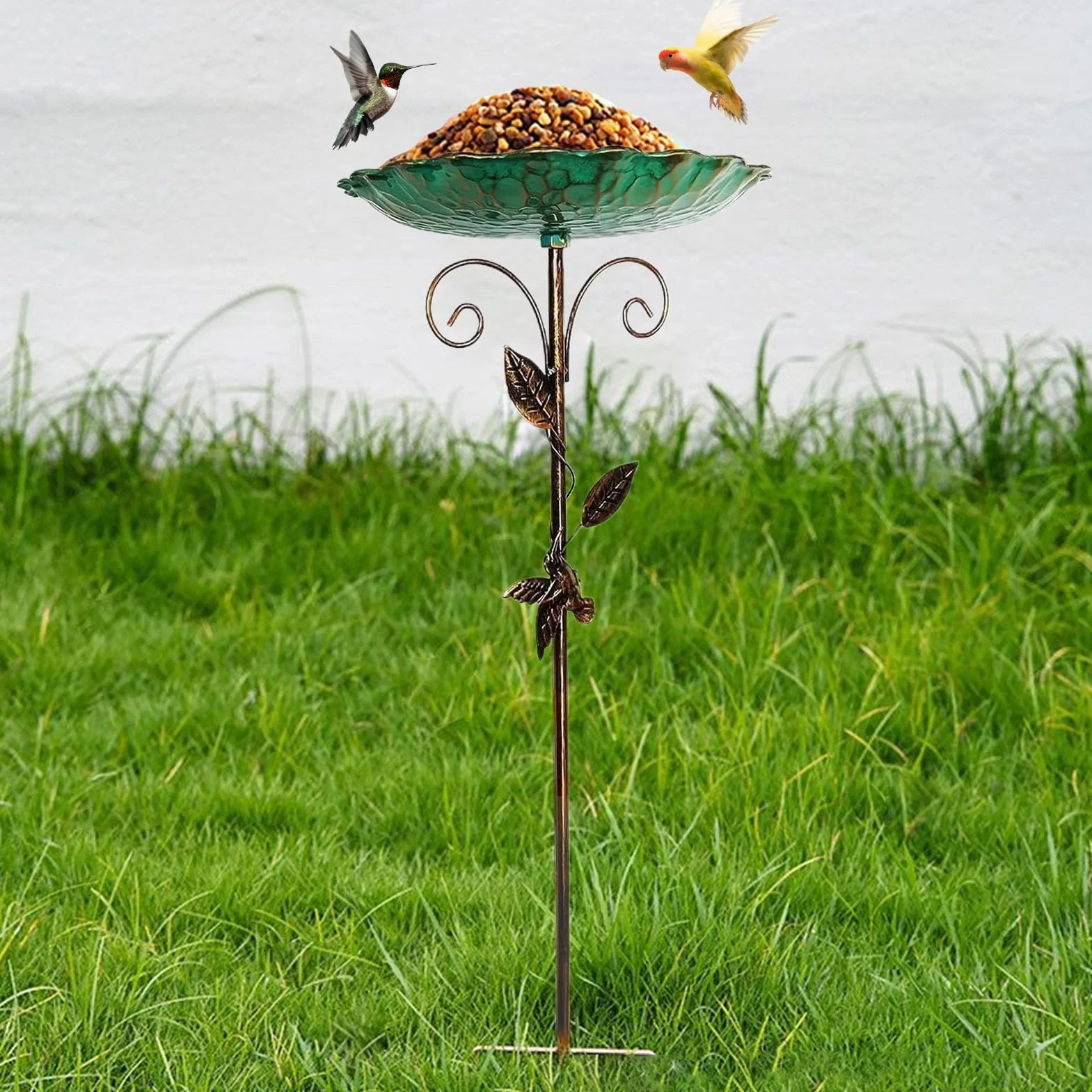Bain d'oiseaux pour Extérieur, Mangeoire Vintage, Bassin en Métal sur Pied Antigel Hauteur Réglable pour Jardin Terrasse Balcon Extérieur