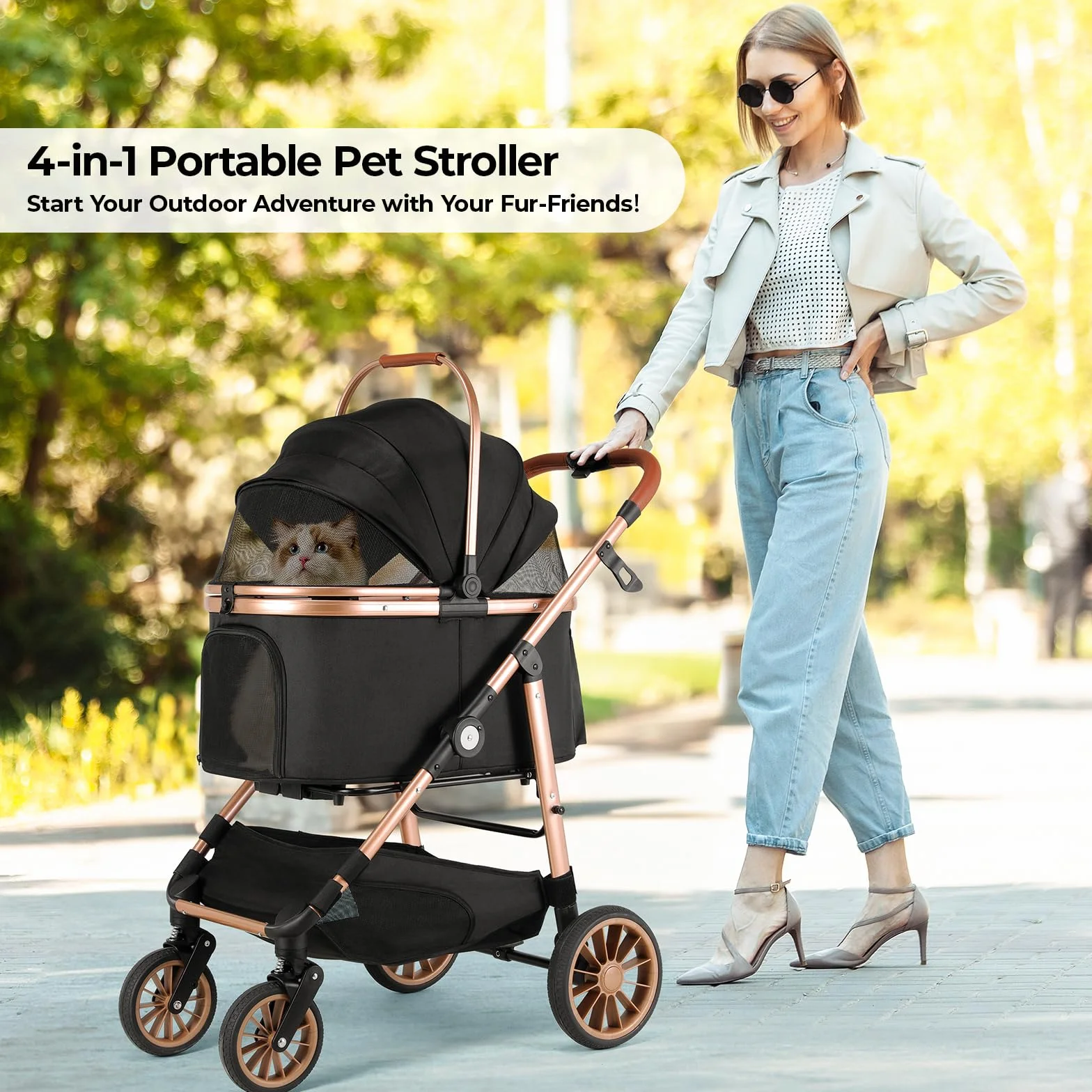 Poussette pour Chien 4 en 1 MAMIZO, Pliable jusqu'à 25 kg, Sac de Transport Pliable, Roues Caoutchouc 360° avec Suspension, Tout Terrain Noir