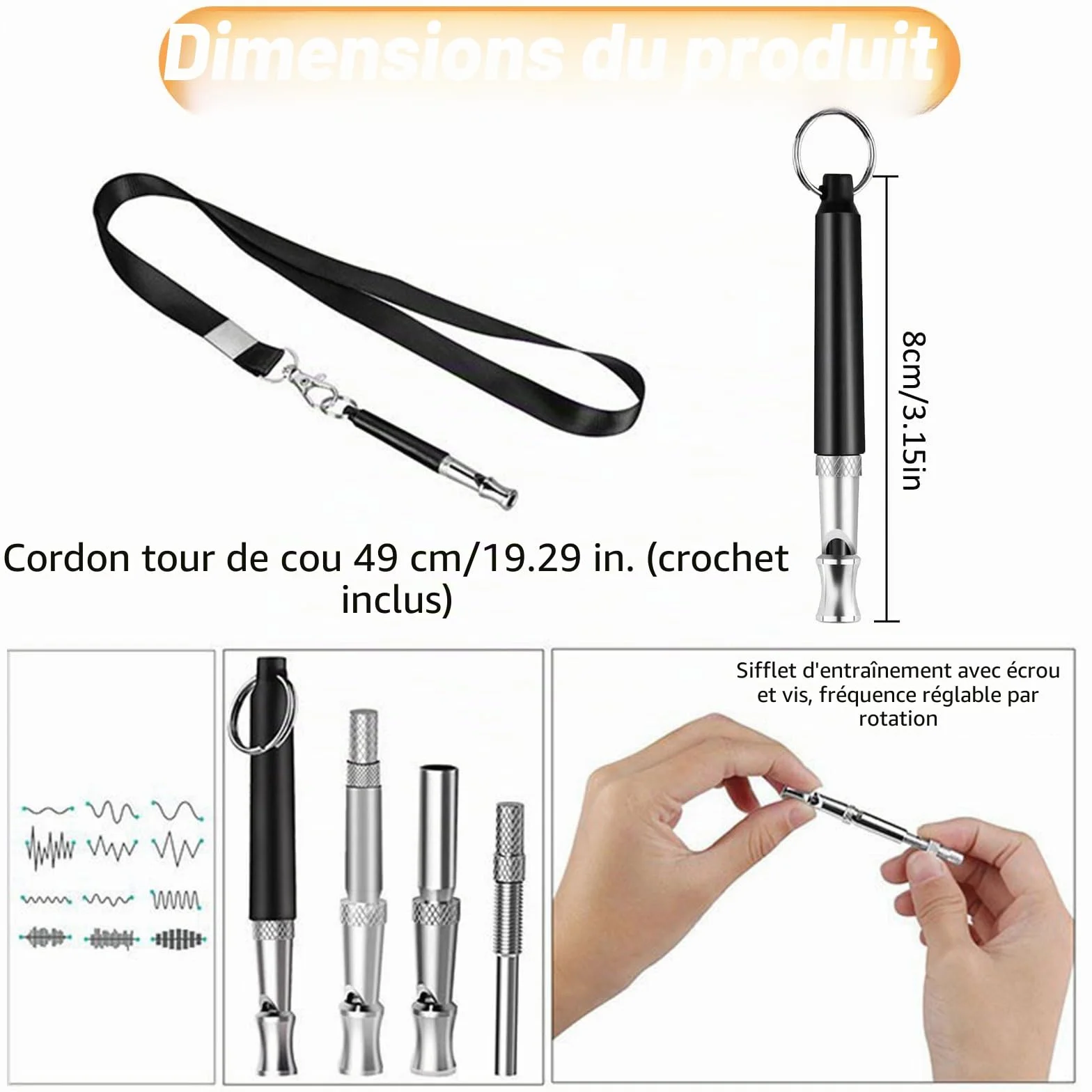 Sifflet pour chien à haute fréquence silencieux - Accessoire anti-aboiement ultrasonique avec cordon - Noir