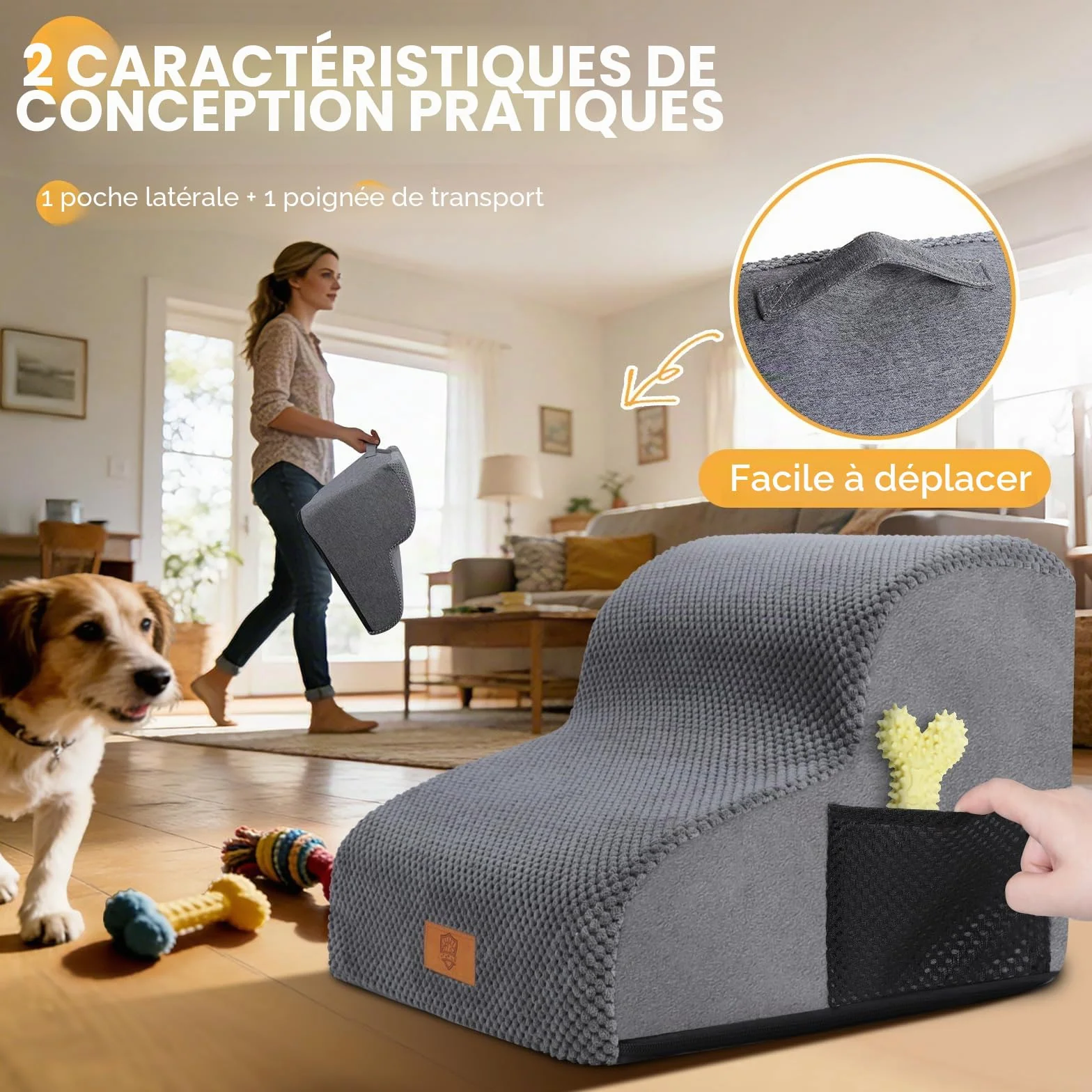 Escalier pour Chiens et Chats 2 Marches, Rampe pour Animaux en Mousse Haute Densité avec Couvercle Amovible