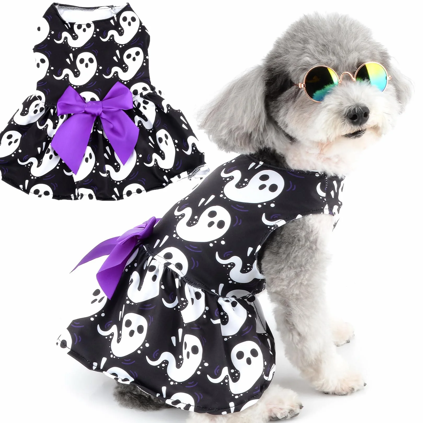 Robe d'Halloween pour chien chat fantôme costume chiot fille jupe douce nœud papillon vêtements chihuahua yorkshire noir taille L