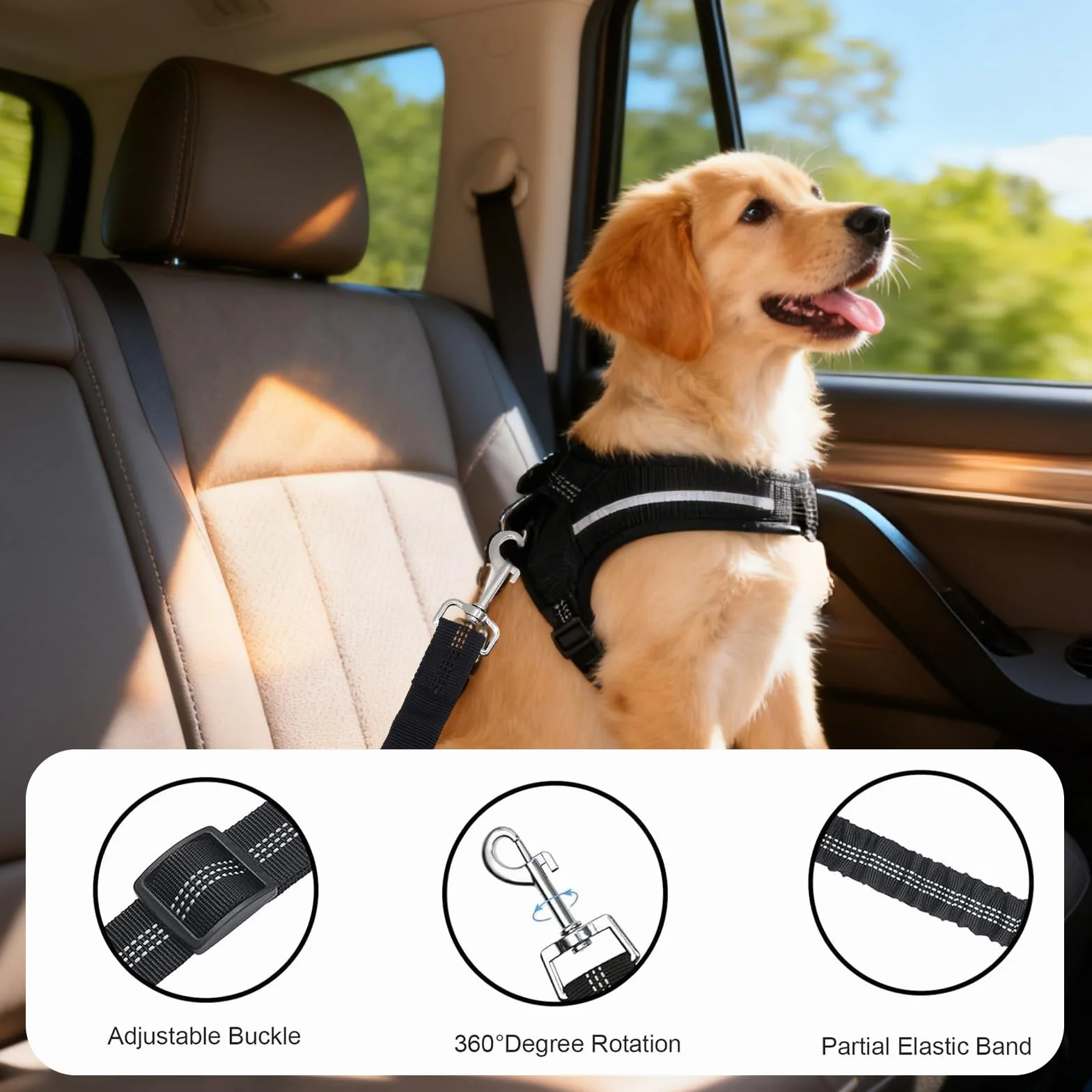 Sangle de Sécurité pour Chien avec Amortisseur Élastique, Mousqueton Solide et Longueur Réglable, Compatible avec Toutes Les Voitures pour Chien et Chat, pour Un Voyage Sûr