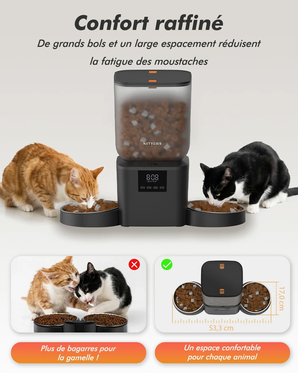 Distributeur Croquettes Chat Automatique 2 Bols, 8L Grande Capacité | Croquettes Jusqu'à 18mm, 2 Bols en Acier Inoxydable, Nettoyage Facile, Idéal pour Chats et Chiens Multiples