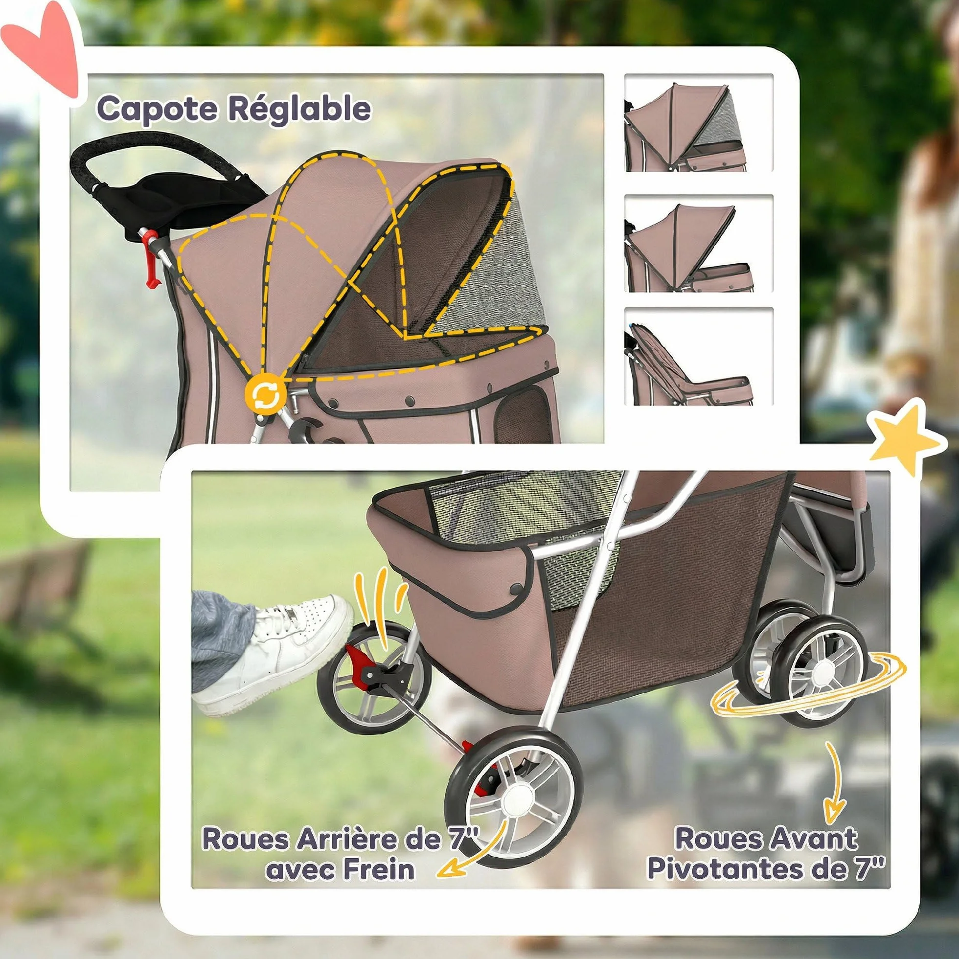 PawHut Poussette pour Chien 4 Roues Pliable avec Frein Auvent Réglable 77x44x102cm Café