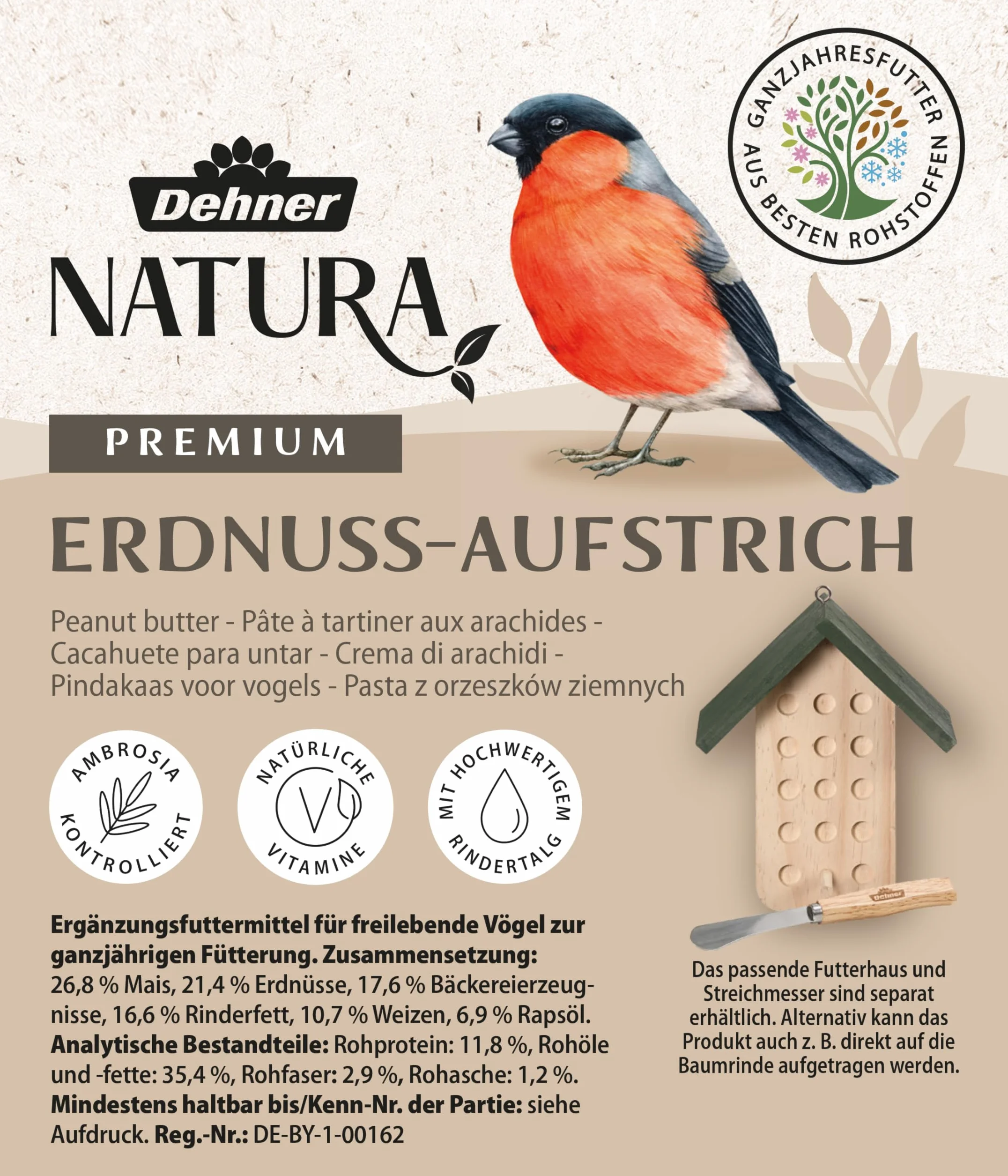 Dehner Natura Premium Nourriture pour Oiseaux Sauvages, Beurre de cacahuète en Seau, 2 kg