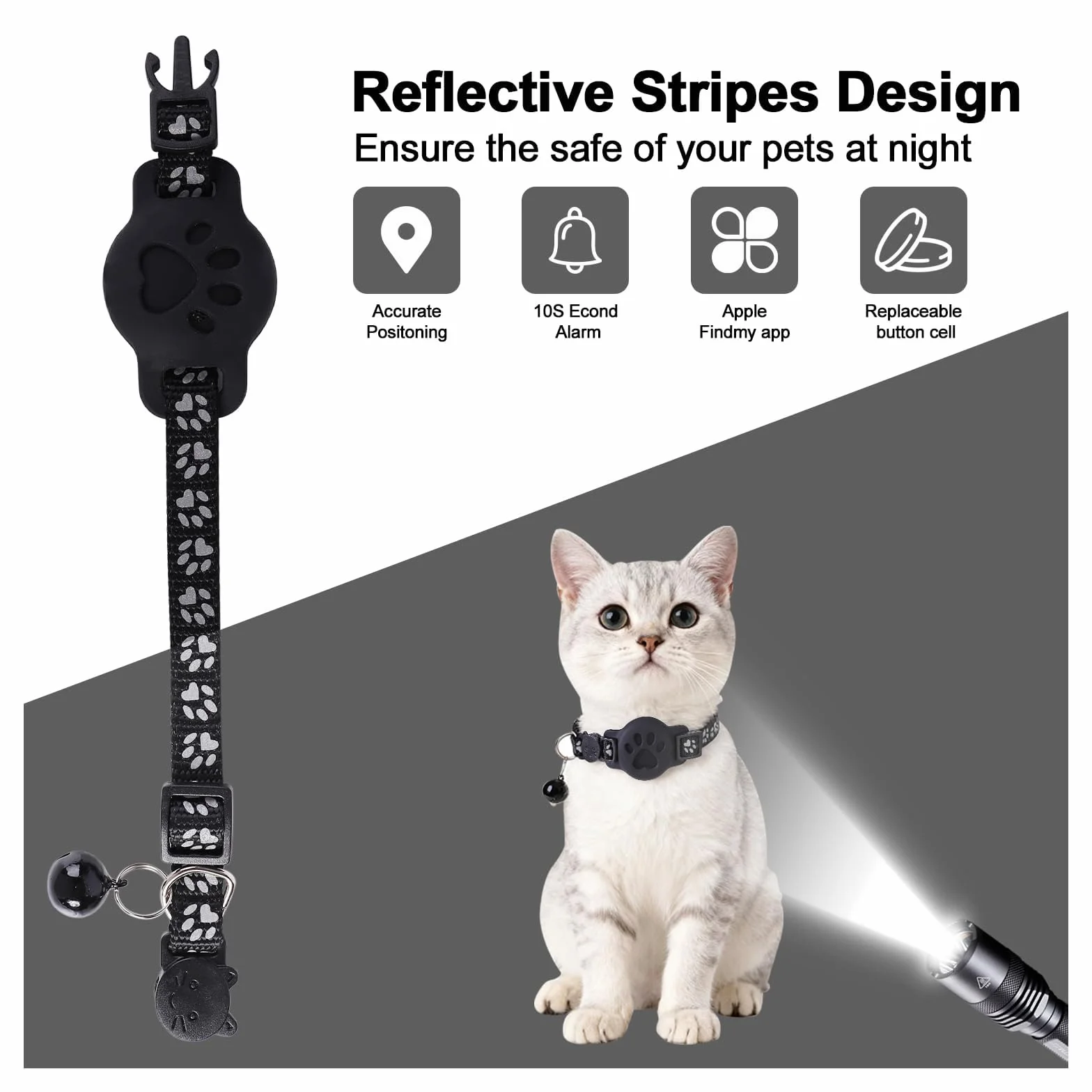 Collier GPS Chat Traceur Bluetooth Compatible Deux Systèmes Sans Abonnement Étanche Léger Réfléchissant Réglable Amovible 19-32 cm