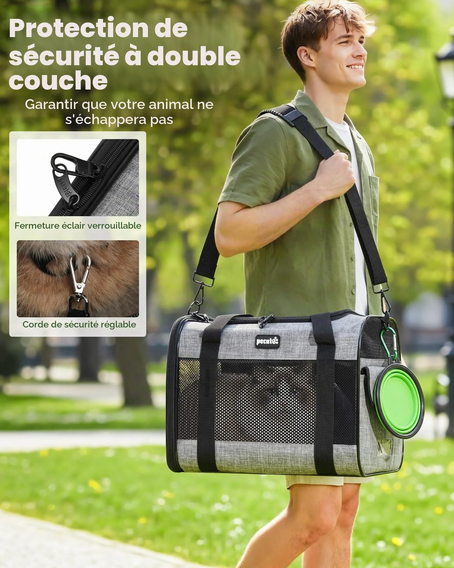 Pecute Sac de Transport pour Chat, Sac à Dos Portable pour Chiens Voyage avec Mangeoire Pliable, Tissu Maille Respirant