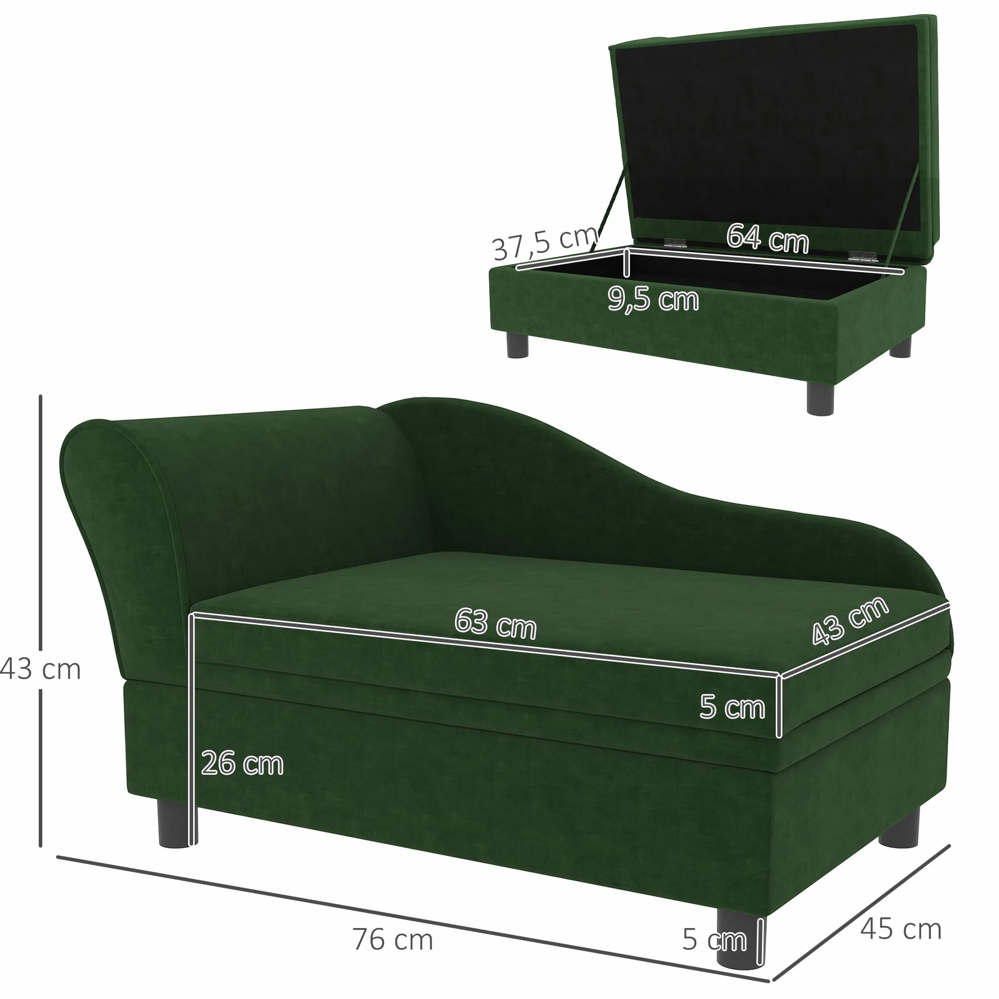 PawHut Canapé Chien Chat avec Coffre Rangement Style Moderne Coussin Amovible 76x45x43 cm Vert