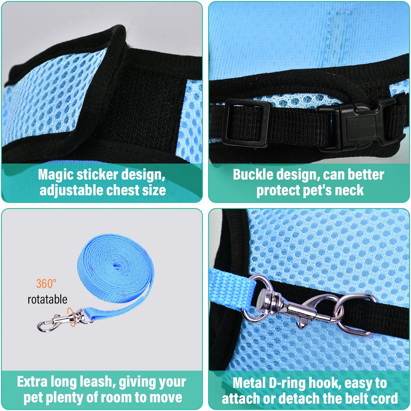 Harnais Lapin Réglable, Laisse Élastique Gilet Souple avec Corde de Traction pour Lapins et Cochons d'Inde (Bleu, S)