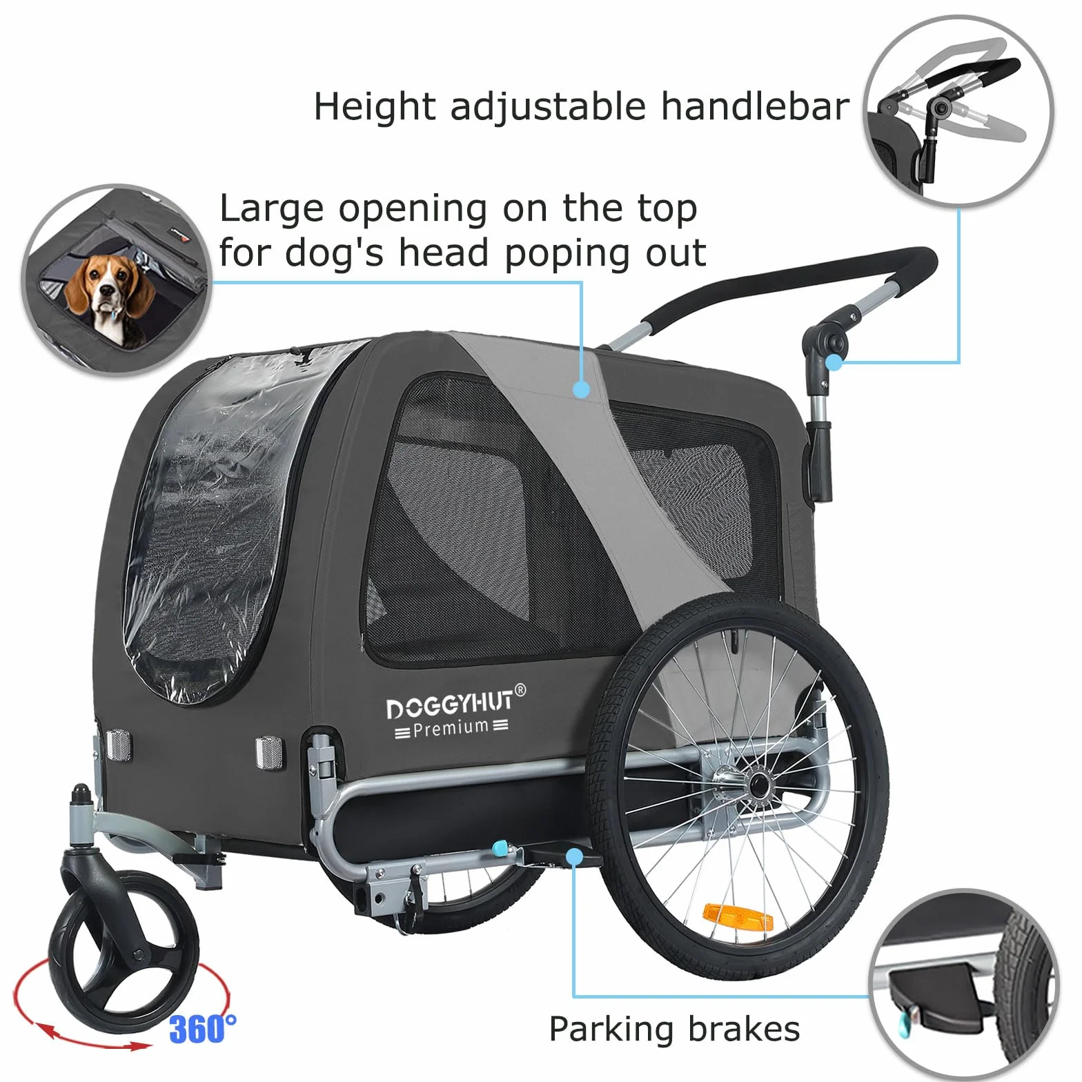 Doggyhut Premium L Remorque de Velo 2 en 1 Grande Poussette remorque Velo pour Chien de Taille Moyenne et Grande Chiens Maximum 35 kg