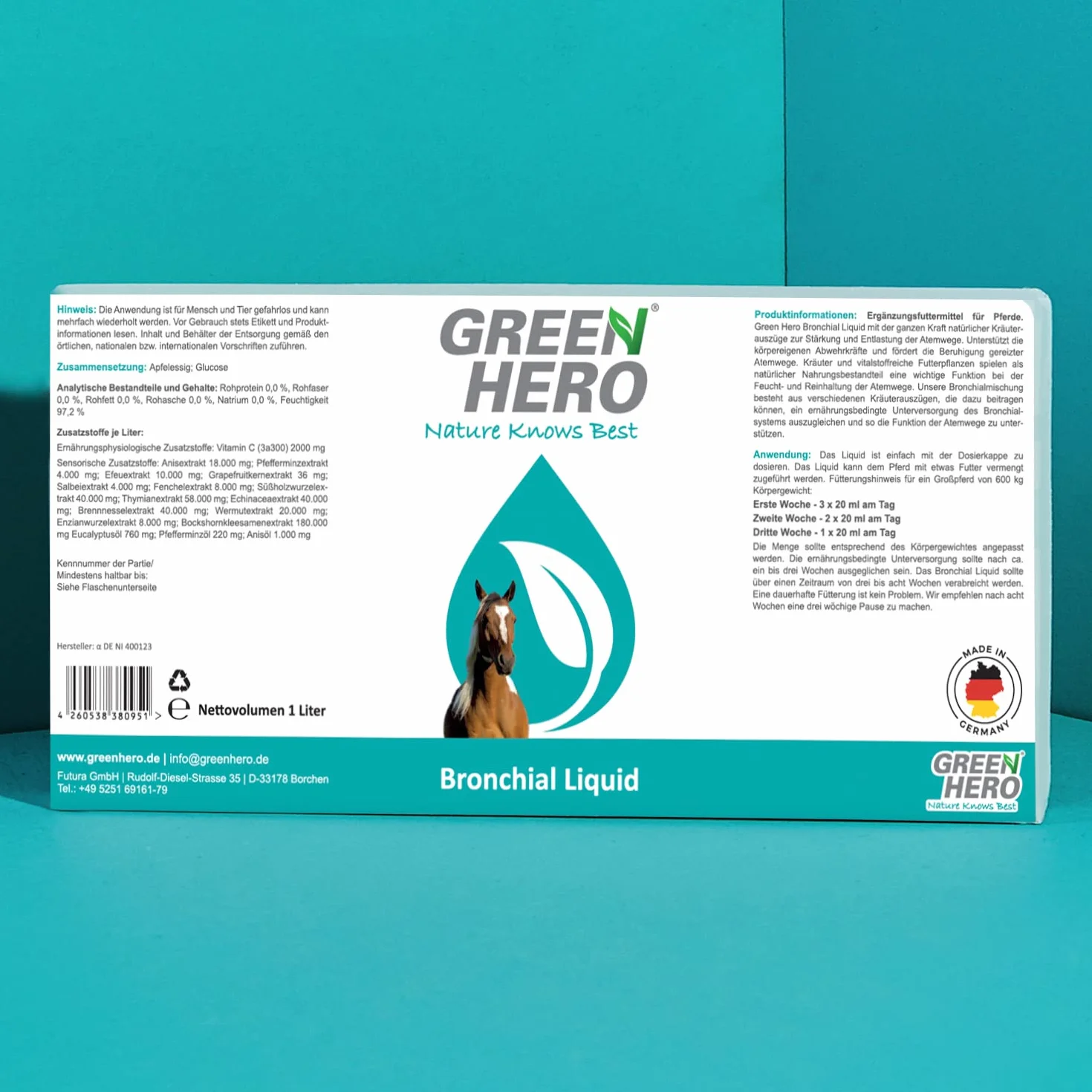Green Hero Bronchial Liquid pour Chevaux 1000 ML – Jus d'herbes bronchiques avec extraits d'herbes de thym, fenouil et Plus – Jus bronchique avec Herbes respiratoires pour renforcer Les Voies