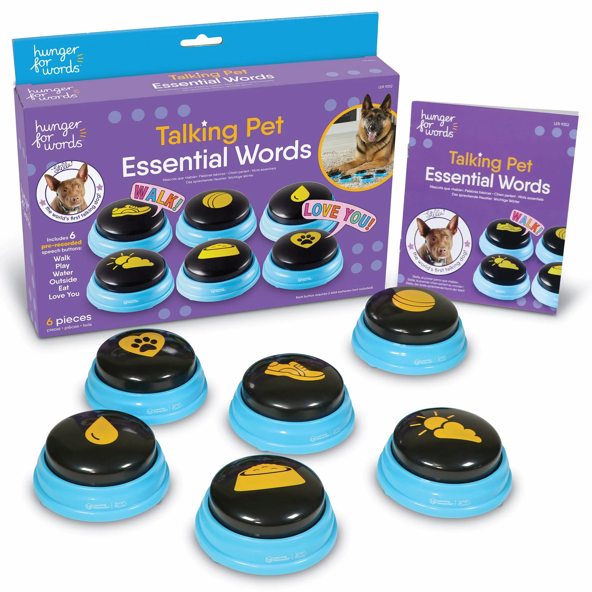 Learning Resources Hunger for Words Mots Essentiels pour Chien Parlant - kit de 6 Boutons avec Message pré-enregistré pour Chiens, Boutons de Communication pour Les Chiens
