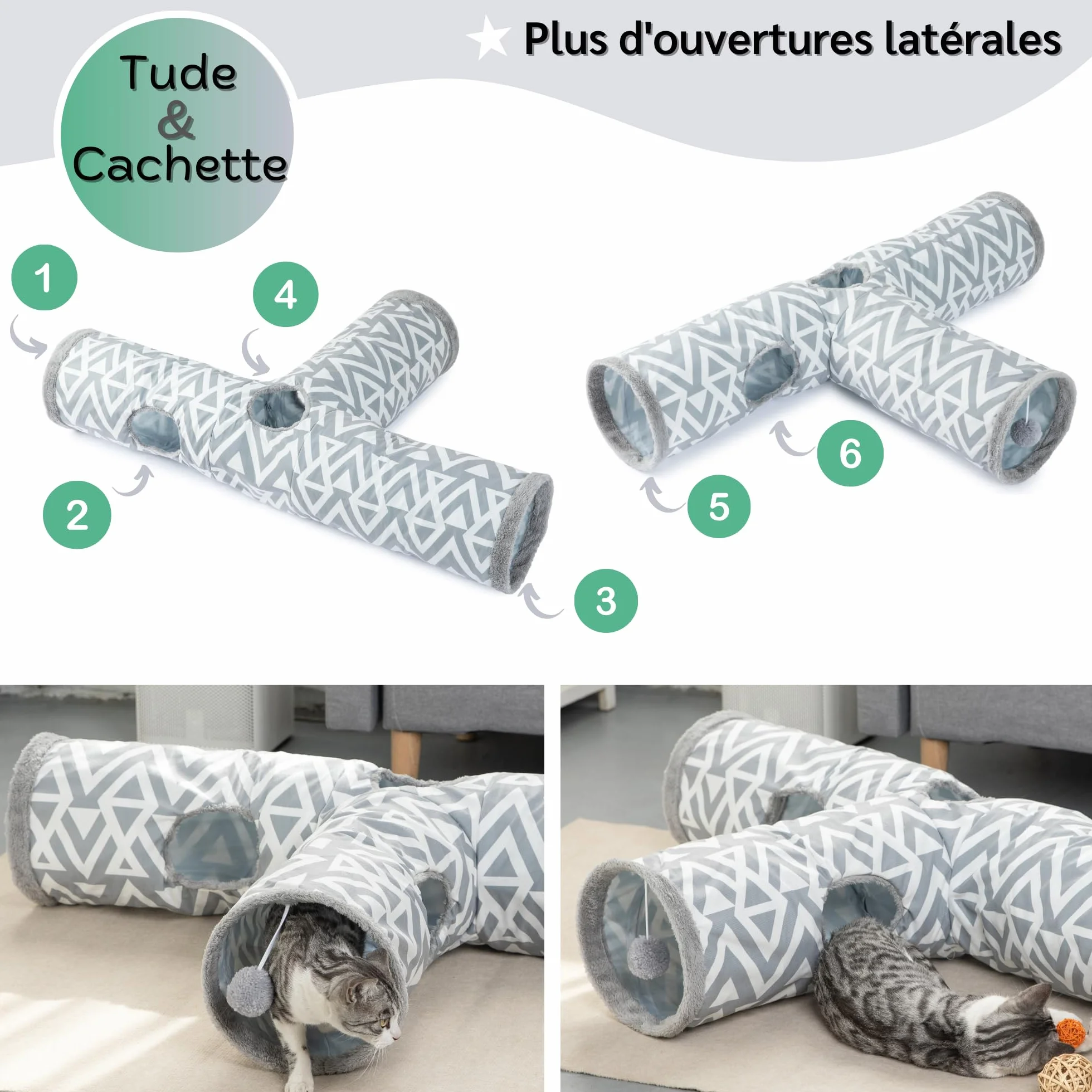 JanYoo Tunnel pour Chat et Lapin - Tunnel de Jeu en Peluche 3 Voies - Jouet pour rongeurs Trou d'espionnage interactif - Ø 26 cm - Gris