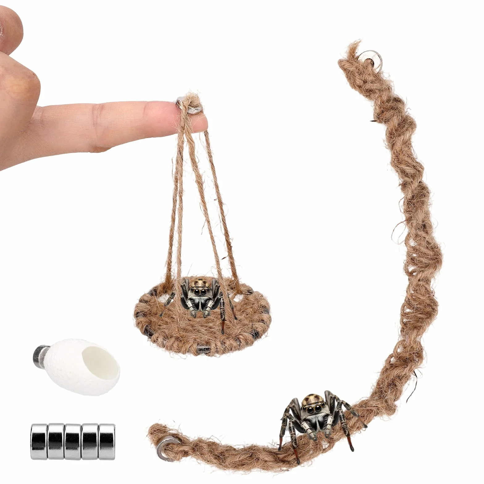 3pcs Ensemble de Accessoires pour Terrarium Araignée Sauteuse, Balançoire en Corde Coton Balançoire Plateforme et Nid avec Aimants pour Décoration Terrarium Araignée Sauteuse Taille Moyenne