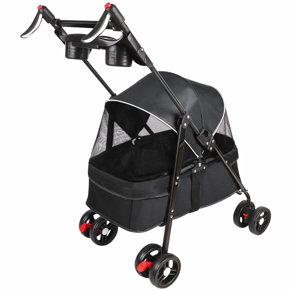 Poussette pour Chien 25 Kg avec Sac de Rangement, Housse de Pluie et Porte-gobelet - Pet Stroller Buggy 50x70x95cm Noir