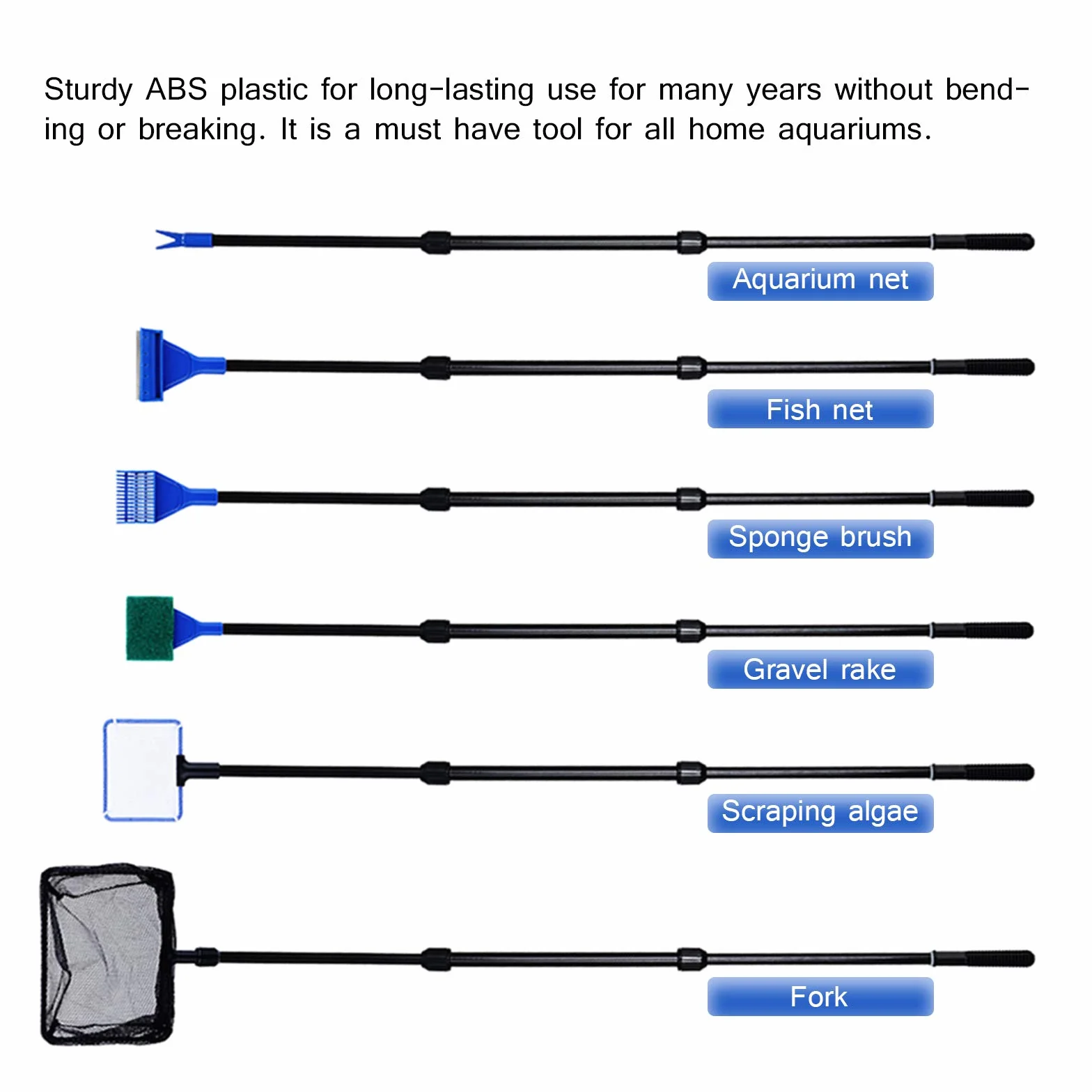 Kit d'outils de nettoyage pour aquarium 9 en 1, acier inoxydable, épuisette, râteau, fourche, grattoir