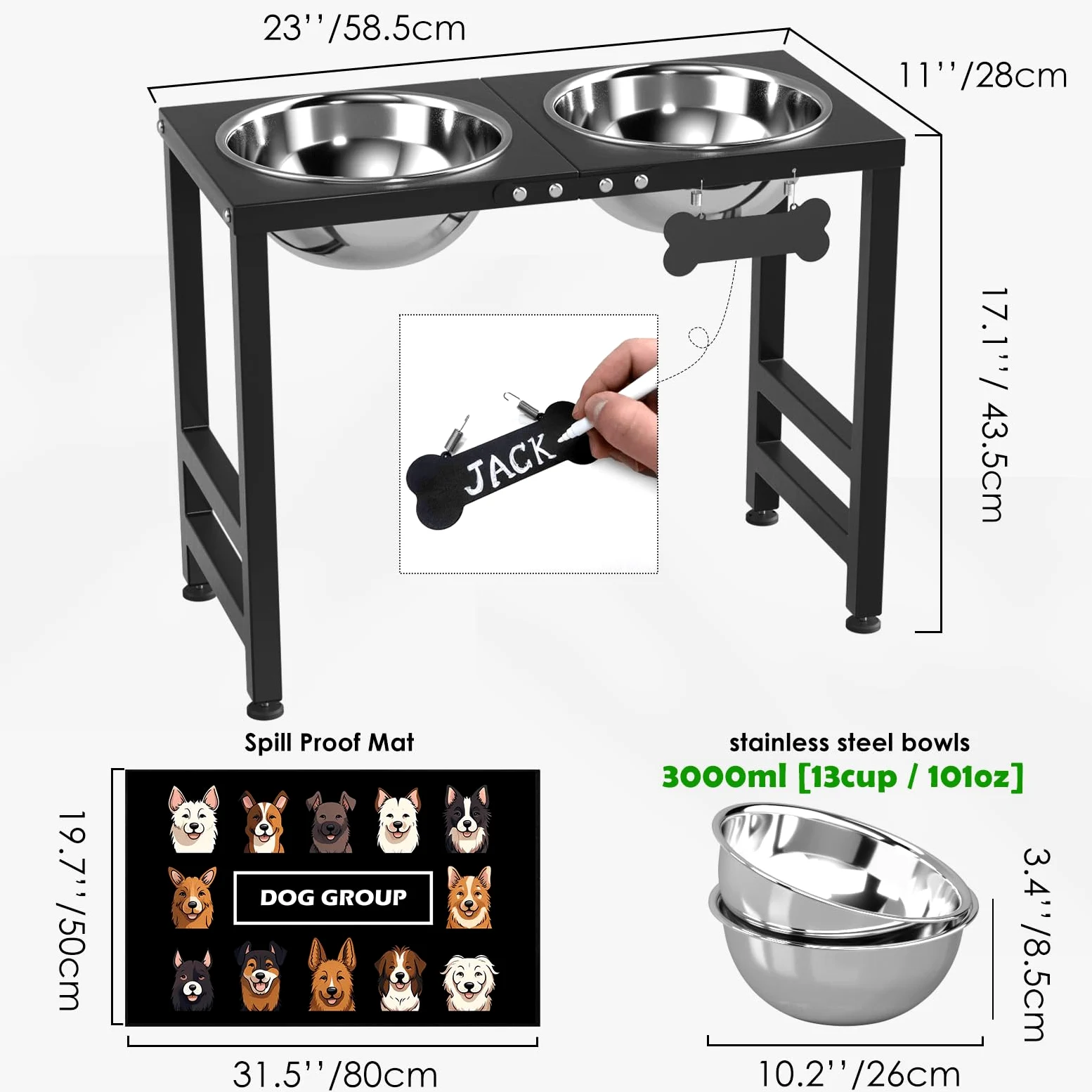 ADENGL Gamelles surélevées pour chiens de grande et grande race, support de bol surélevé avec 2 gamelles en acier inoxydable (2,863 g) et tapis anti-déversement, mangeoire pour chiens de très grande