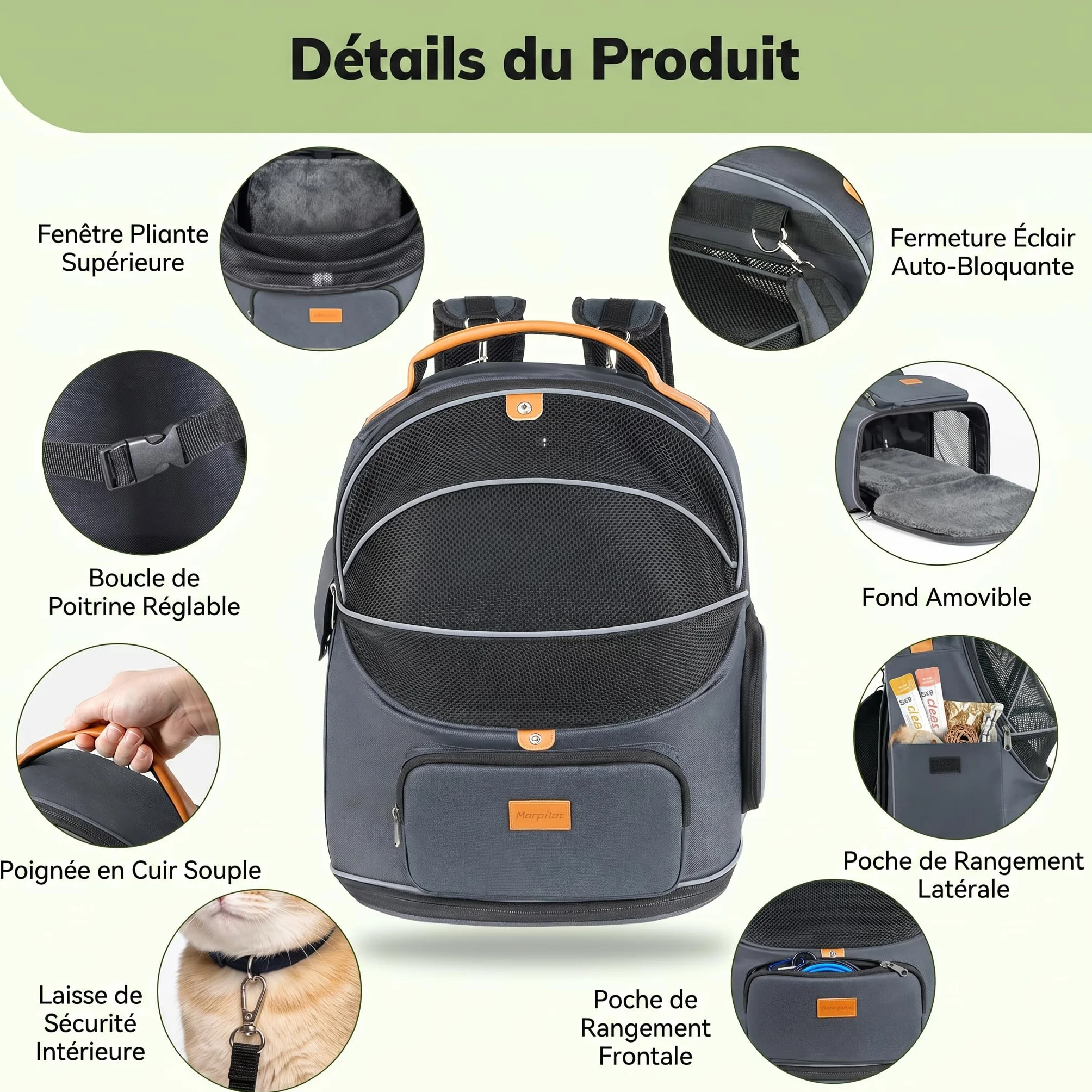 Morpilot Sac Transport 102% Extensible pour Chien avec Peluche Amovible Et Laisse De Sécurité Intérieure Sac à Dos Pliable pour Chat pour Train/Voiture/Voyage