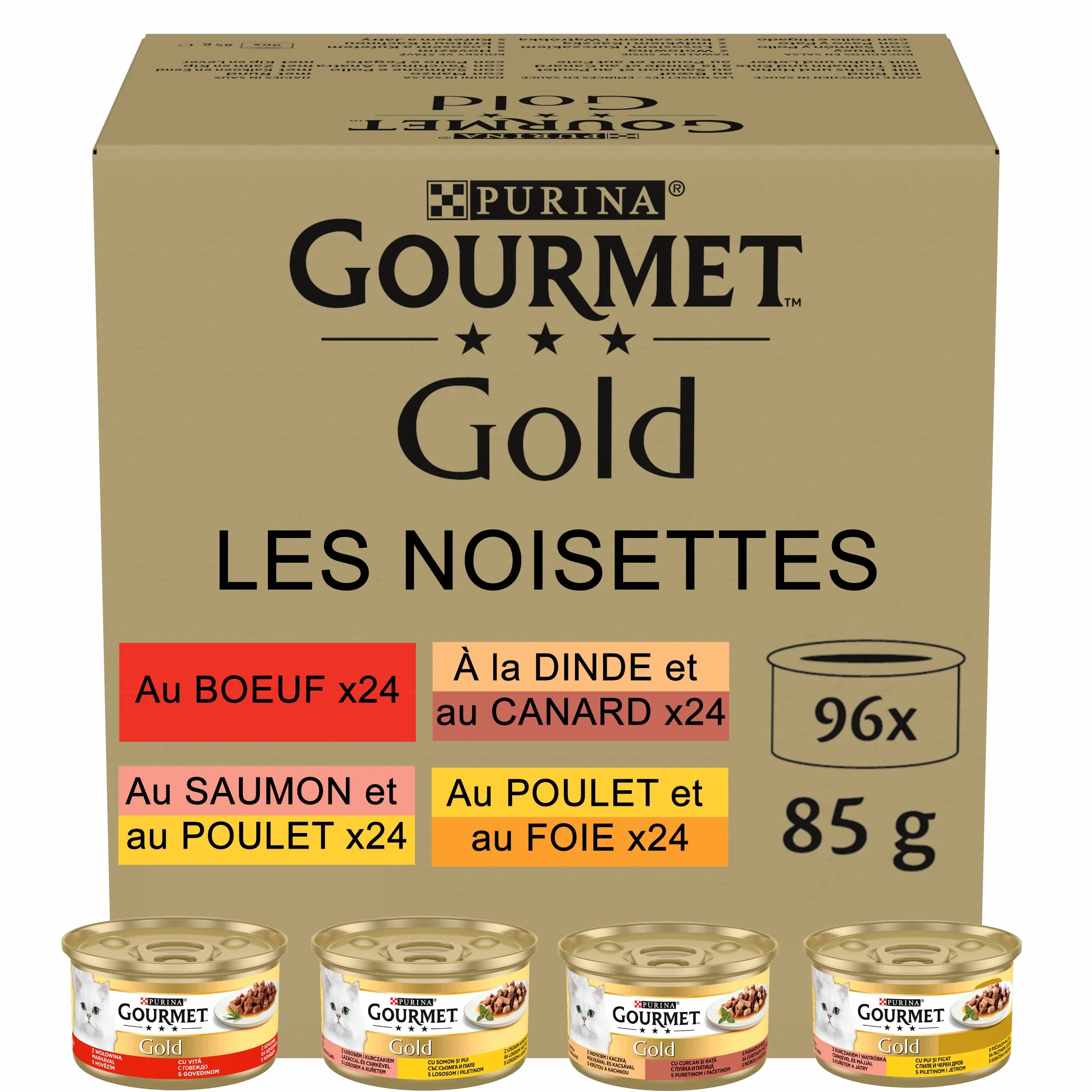 GOURMET | GOLD | Les Noisettes | Chat Adulte | Effilés en sauce | Bœuf, Poulet-Foie, Dinde-Canard, Saumon-Poulet |Portions Repas | Boite | 96 x 85 g