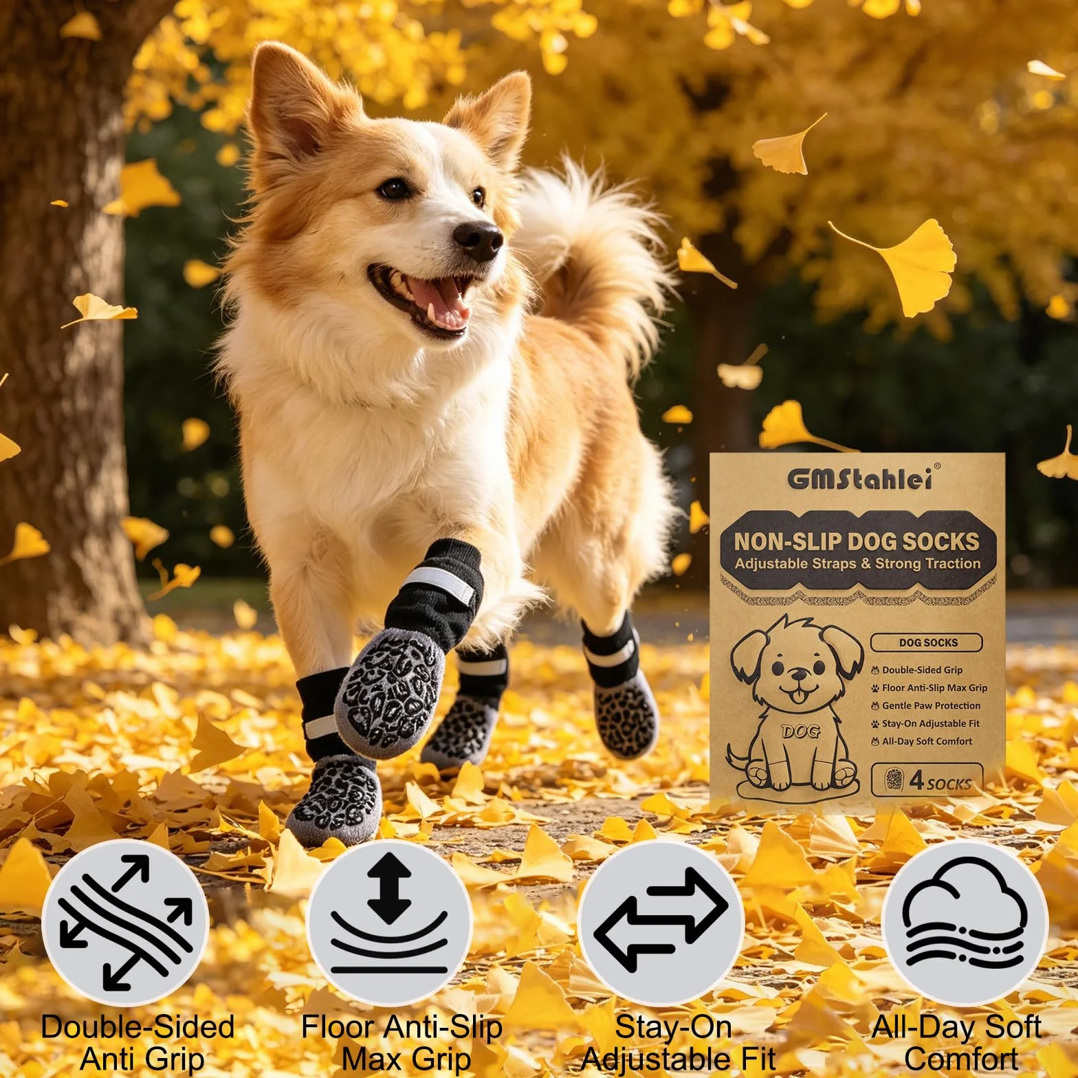 Chaussettes Antidérapantes pour Chien avec Double Adhérence - Lot de 4 pour Parquet et Carrelage, Anti-Glisse et Anti-Léchage (M)