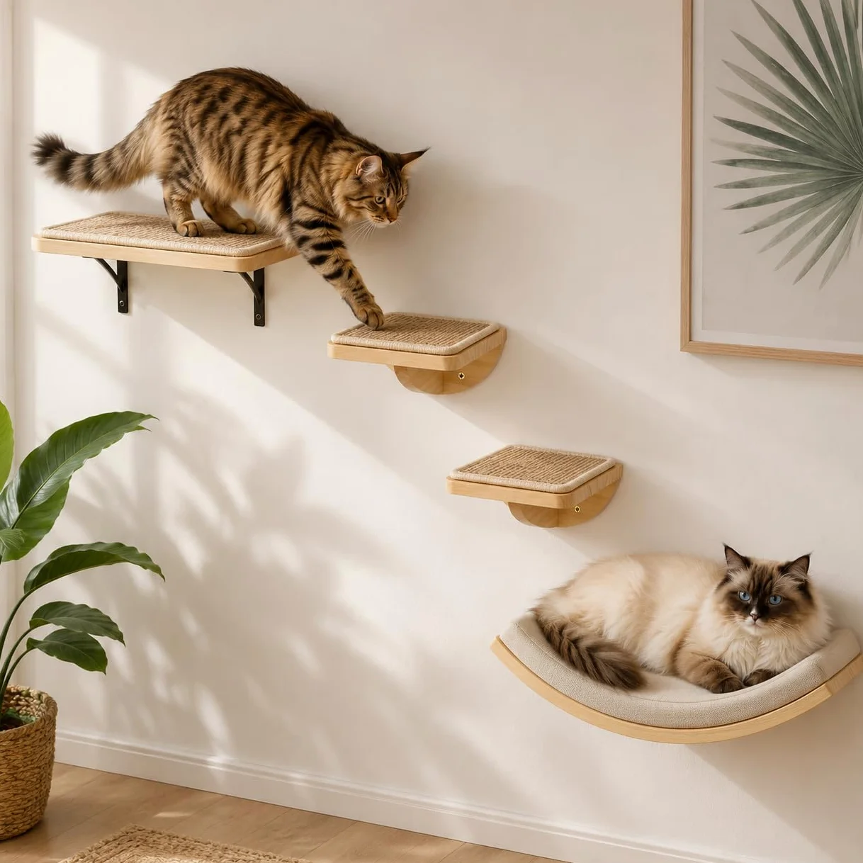 Étagères murales pour chats avec tapis en éponge, arbre d'escalade pour chat avec 2 marches carrées et plateformes incurvées, ensemble de meubles muraux en bois pour chat pour dormir et jouer