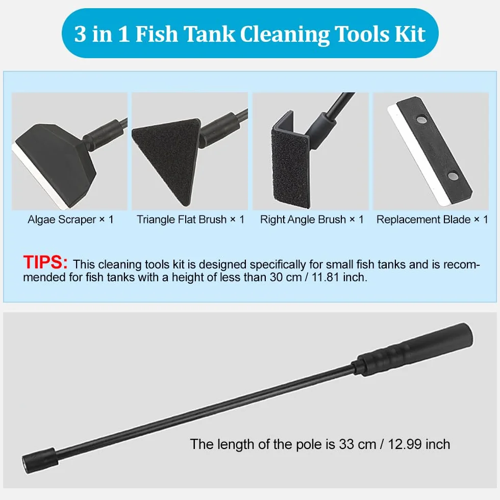 Kit de nettoyage pour aquarium 3 en 1 avec tige amovible 35,6 cm, grattoir à algues et brosse plate