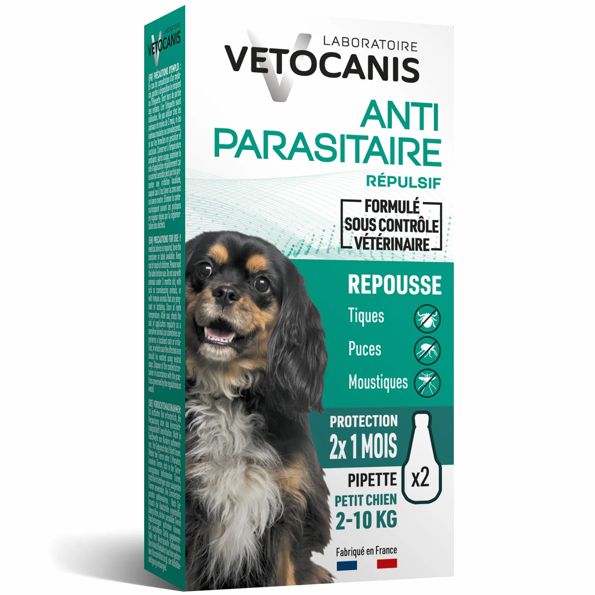 Vetocanis, Pipettes Anti Puces Chien, 2x1 Mois sans Tiques, Puces, Moustiques, Antiparasitaire Chien 2 à 10 kg, A base de Margosa, Répulsif Protection Immédiate, 2 Pipettes de 2 mL
