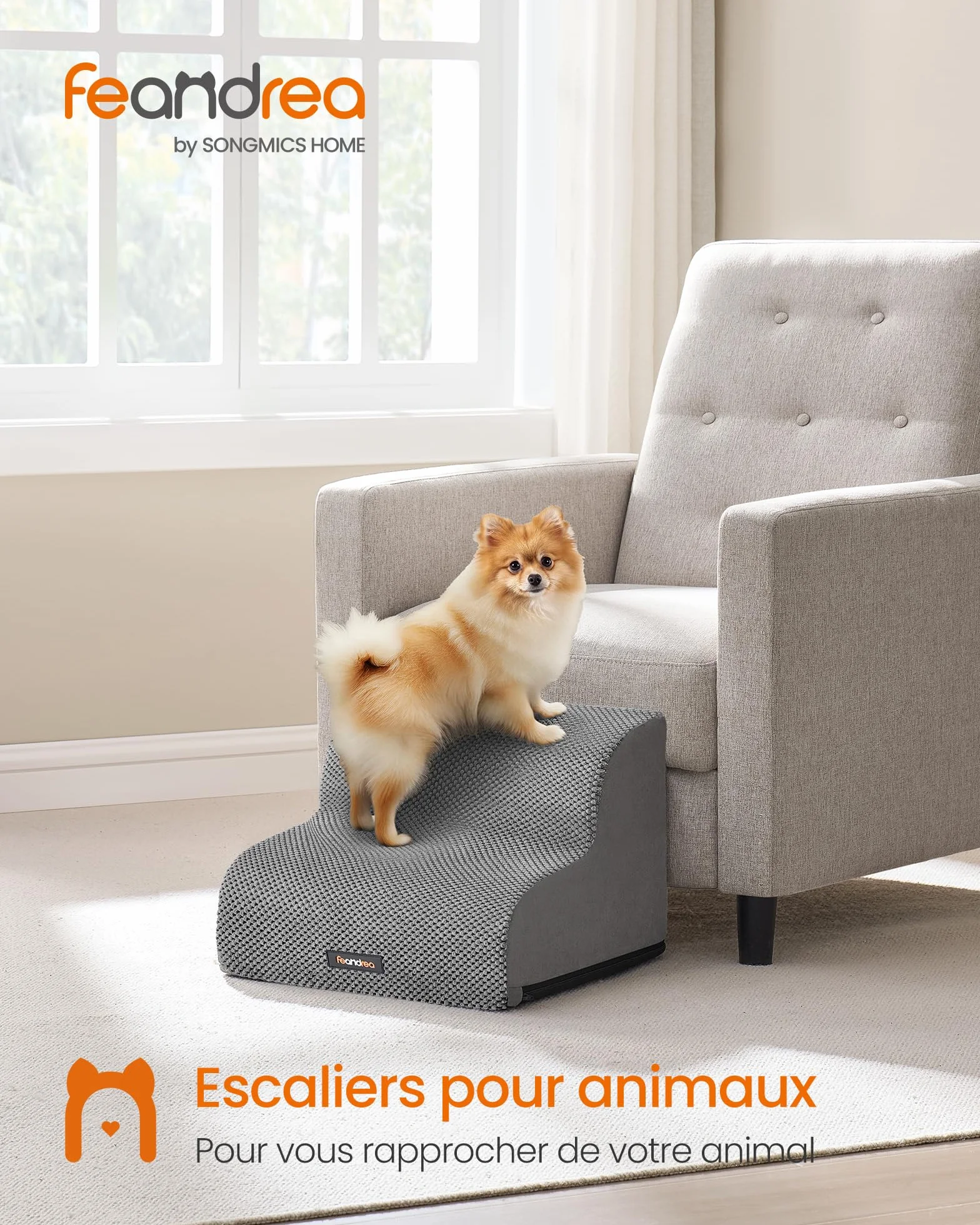 Feandrea Escalier pour Chien 2 Marches Velours Gaufré Imperméable Antidérapant Housse Amovible Lavable Gris Tourterelle