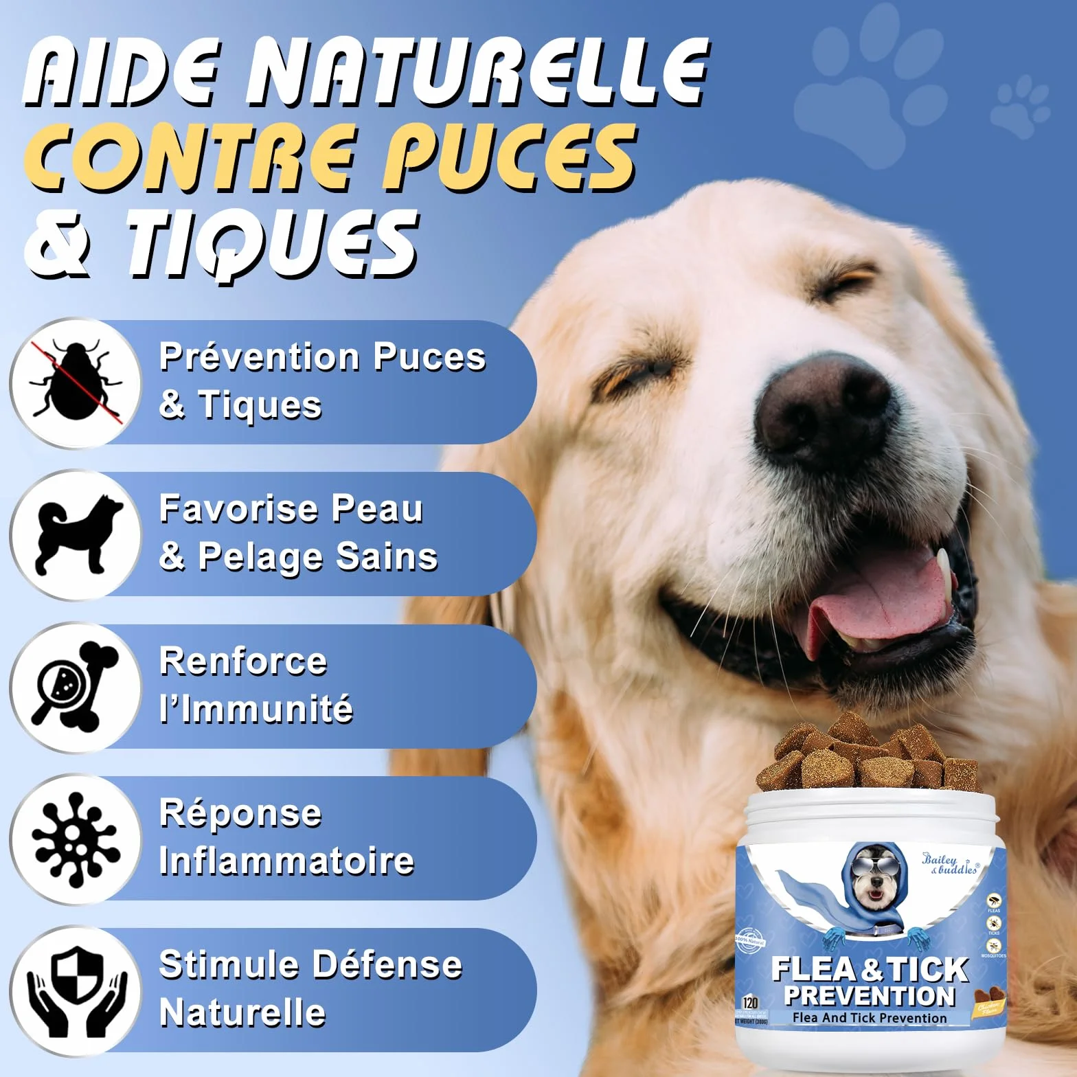 Flea and Tick Chewables for Dogs Omega 3 Probiotiques Poulet 300g