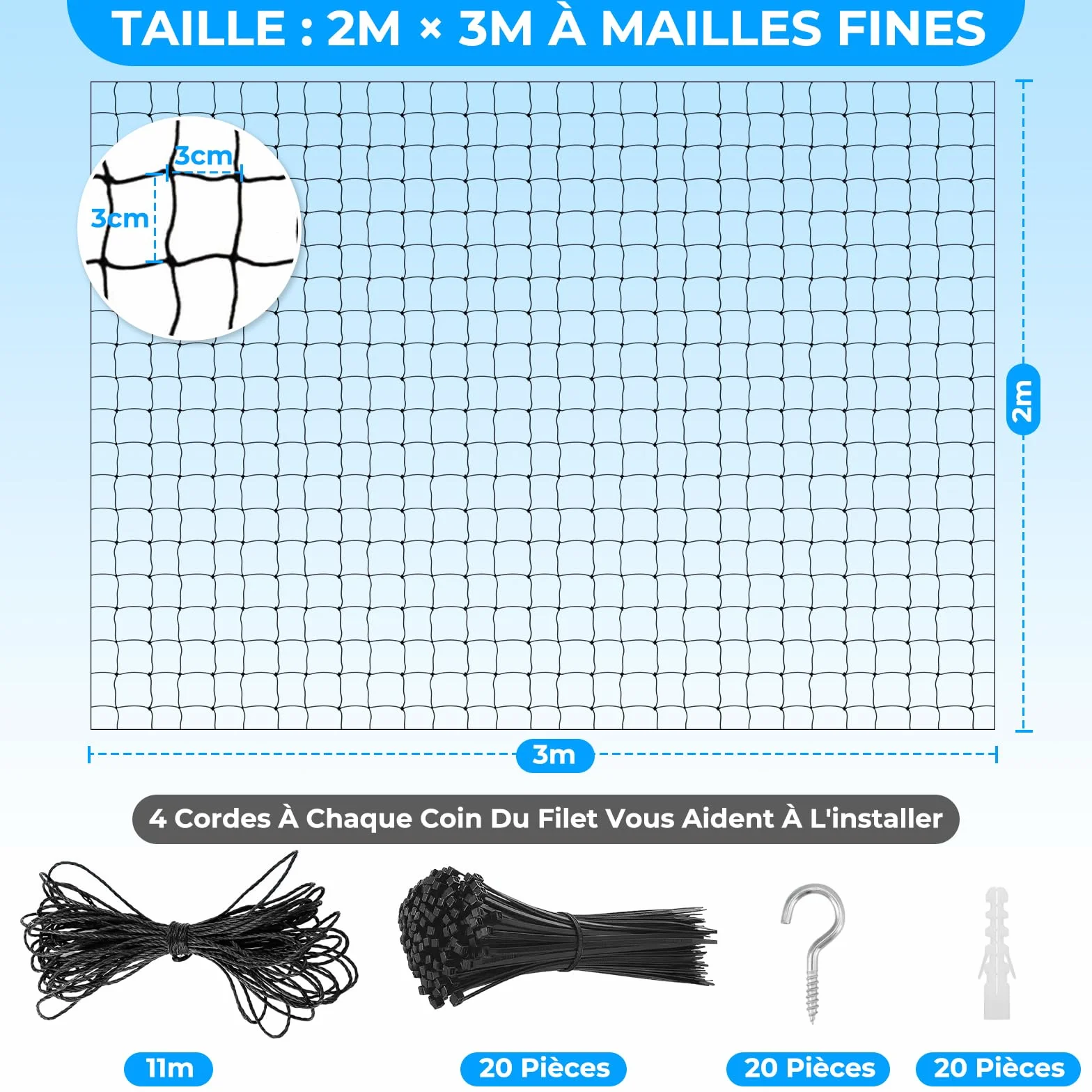 Filet de Balcon renforcé en Fil d'acier, Protection Chat, Résistant UV, 2x3m