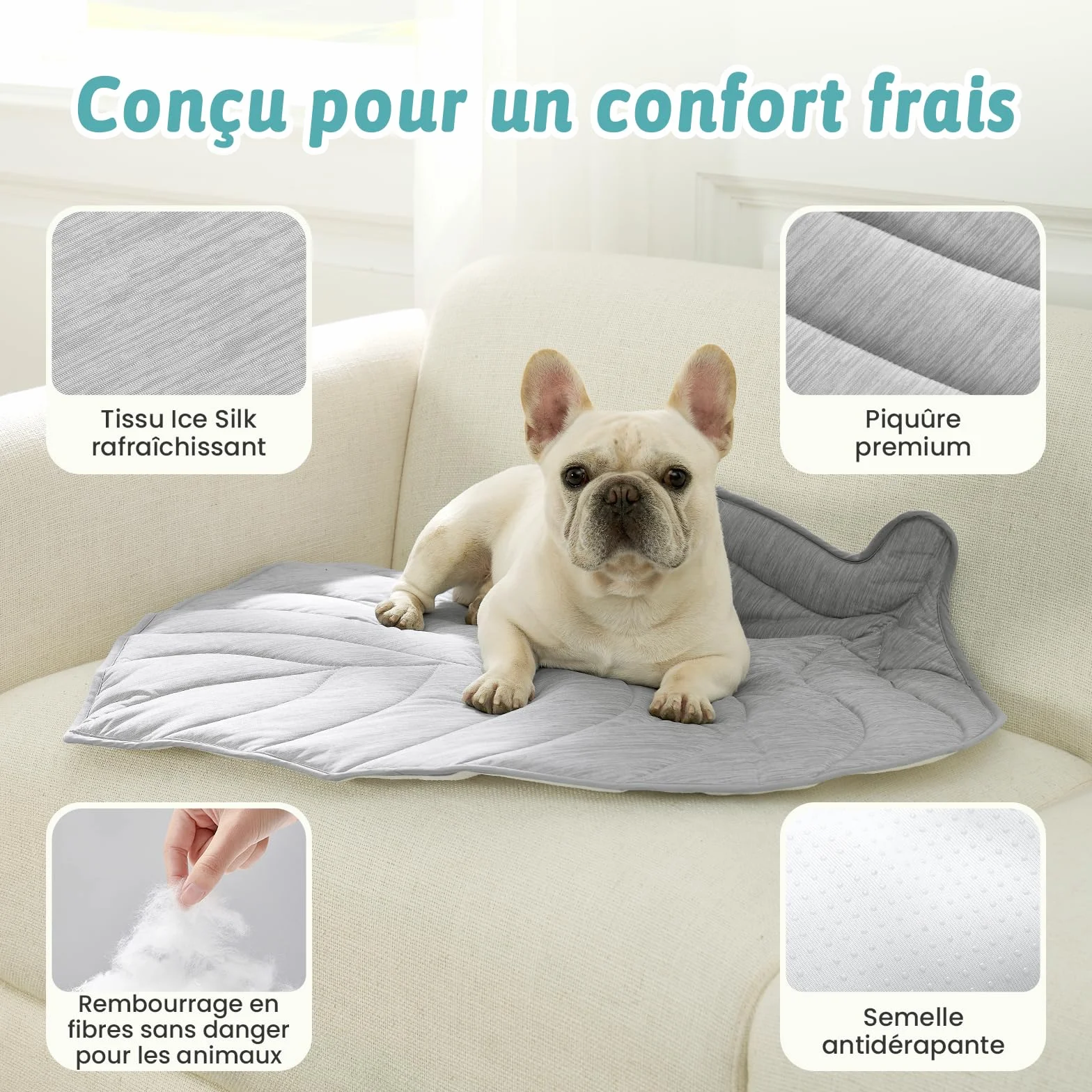 COZY KISS Coussin Rafraîchissant Chiens Chats 99x86cm, Tapis Refroidissement en Tissu sans Gel Q-Max>0.4, Auto-refroidissant, Imperméable Antidérapant Lavable, Forme Feuille, Gris