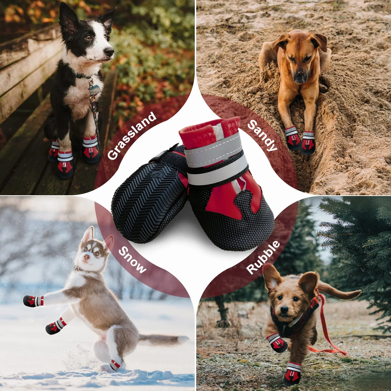 Bottes Chien Imperméables avec Sangles Réfléchissantes Antidérapante Protecteurs de Pattes Taille Petit Moyenne Grande (L, Rouge)