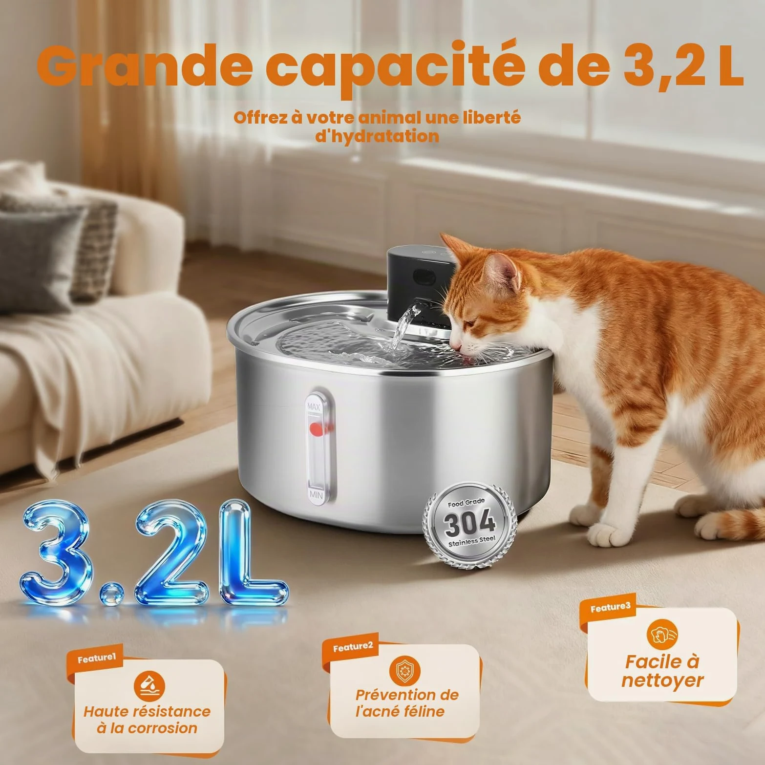 3.2L Fontaine a Eau Chat sans Fil INOX, Fontaine a Eau Chat Detecteur de Mouvement, Batterie 5000mAh, Silencieux, Équipé d'une Fonction Anti-Séchage, pour Chats et Petits Chiens