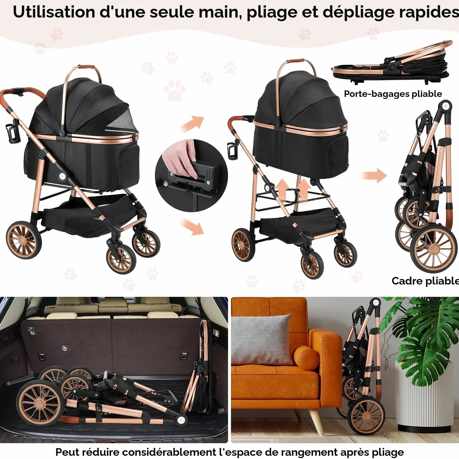 Poussette pour Chien 4 en 1 MAMIZO, Pliable jusqu'à 25 kg, Sac de Transport Pliable, Roues Caoutchouc 360° avec Suspension, Tout Terrain Noir
