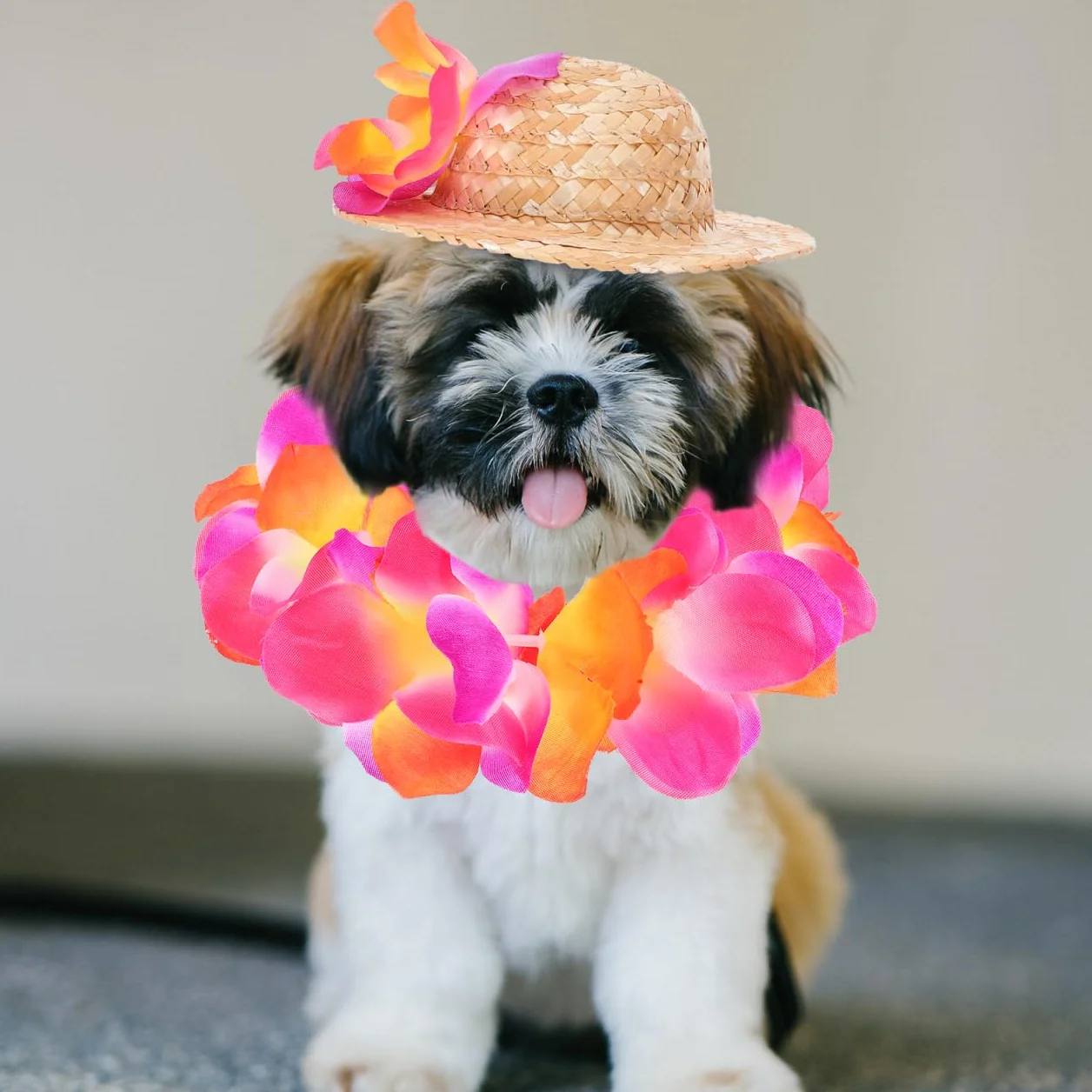 Costume Hawaïen pour Chien avec Chapeau De Paille Et Guirlande Accessoires pour Animaux