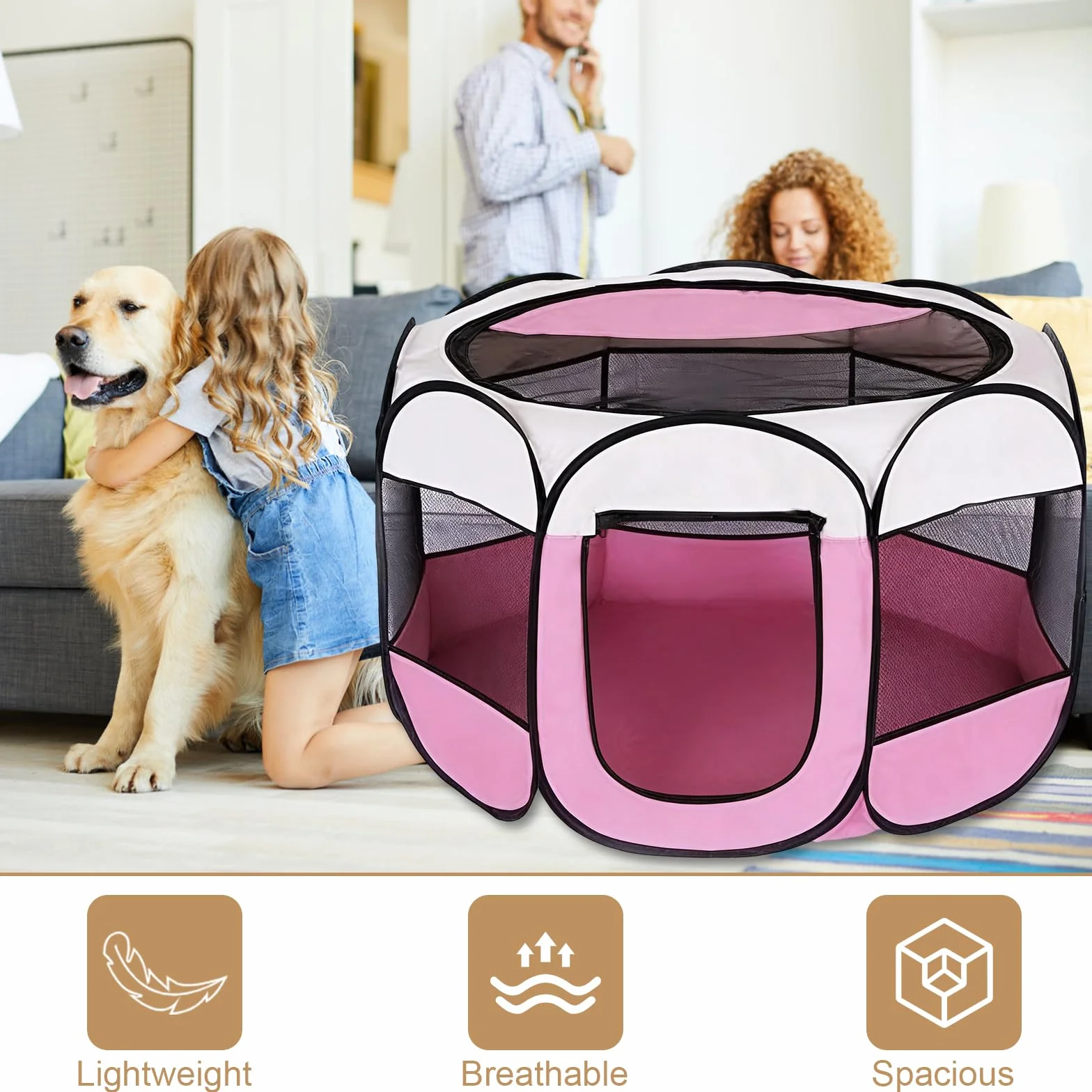 Parc pour Chien Portable Tente Respirante Intérieur Extérieur 74 x 74 x 43 cm Rose