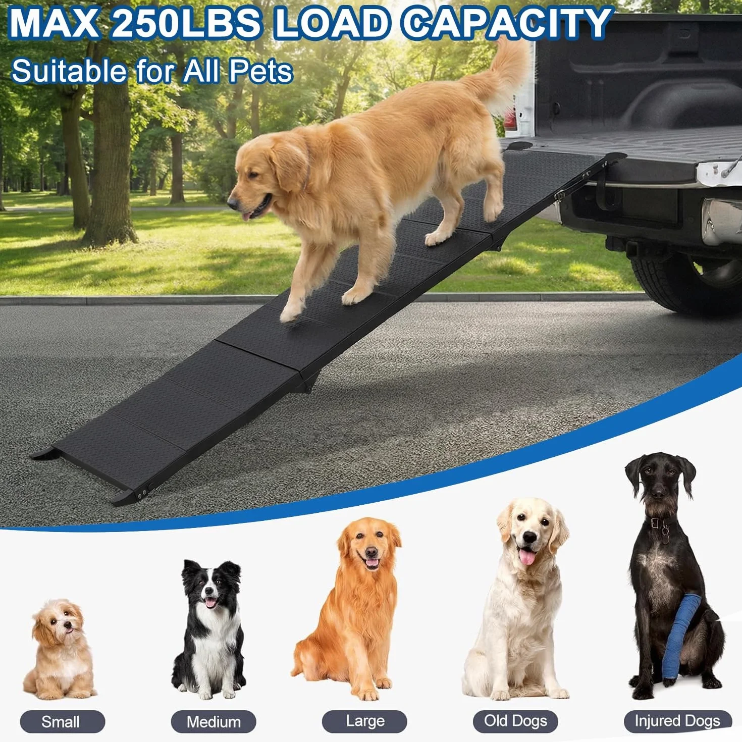 Niubya Escalier Pliable Rampe pour Voitures 180cm x 47,5 cm, Extra Longue en Aluminium pour Chiens Grande Taille jusqu'à 113 kg, Rampe Portable et imperméable pour SUV, camions