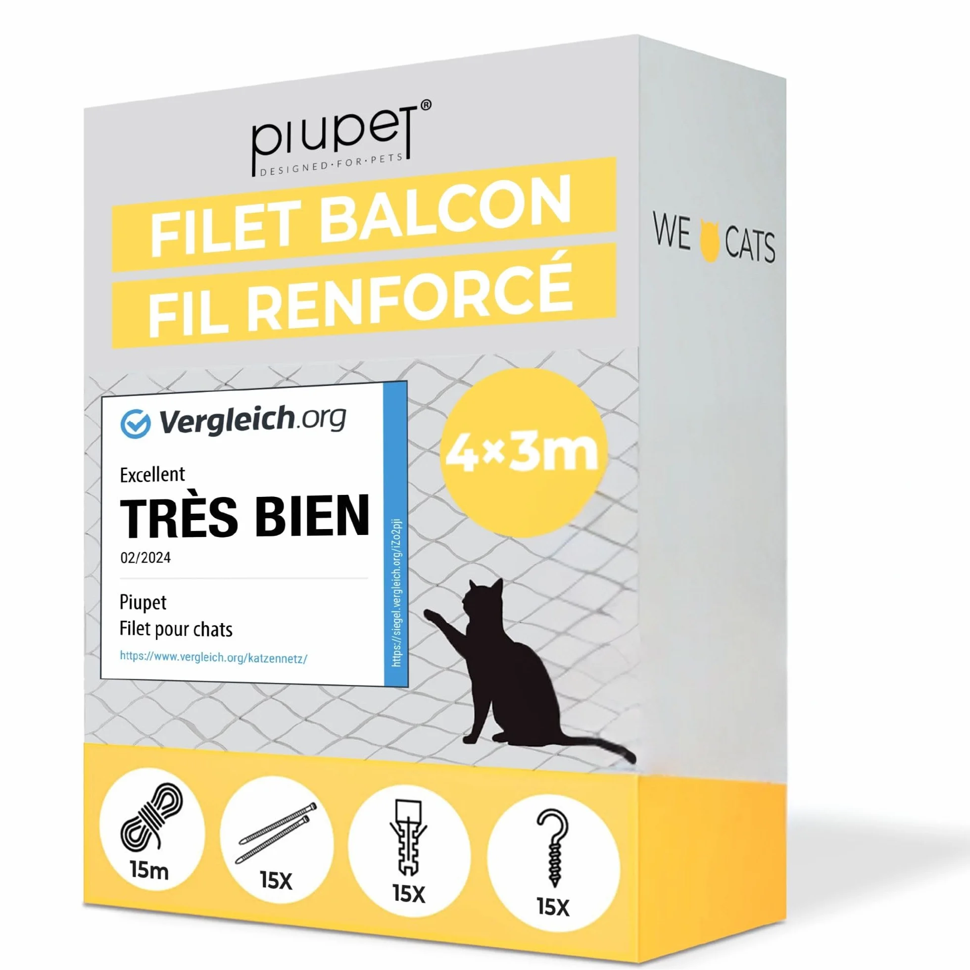 PiuPet® Filet pour Chat 4x3m renforcé avec Corde de Fixation Protection Balcon