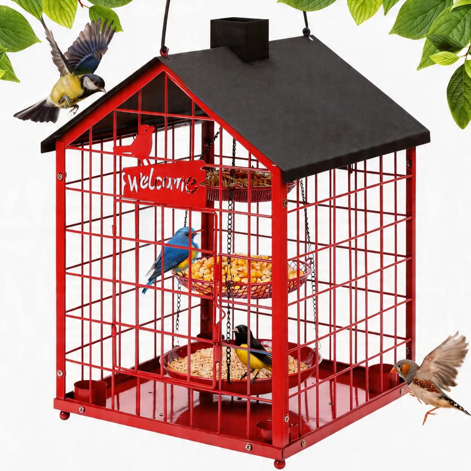 Mangeoires à oiseaux pour l'extérieur, mangeoire à oiseaux bleus en métal, énorme mangeoire à oiseaux en cage résistante aux écureuils avec 4 tasses, mangeoires à oiseaux sauvages à suspendre à