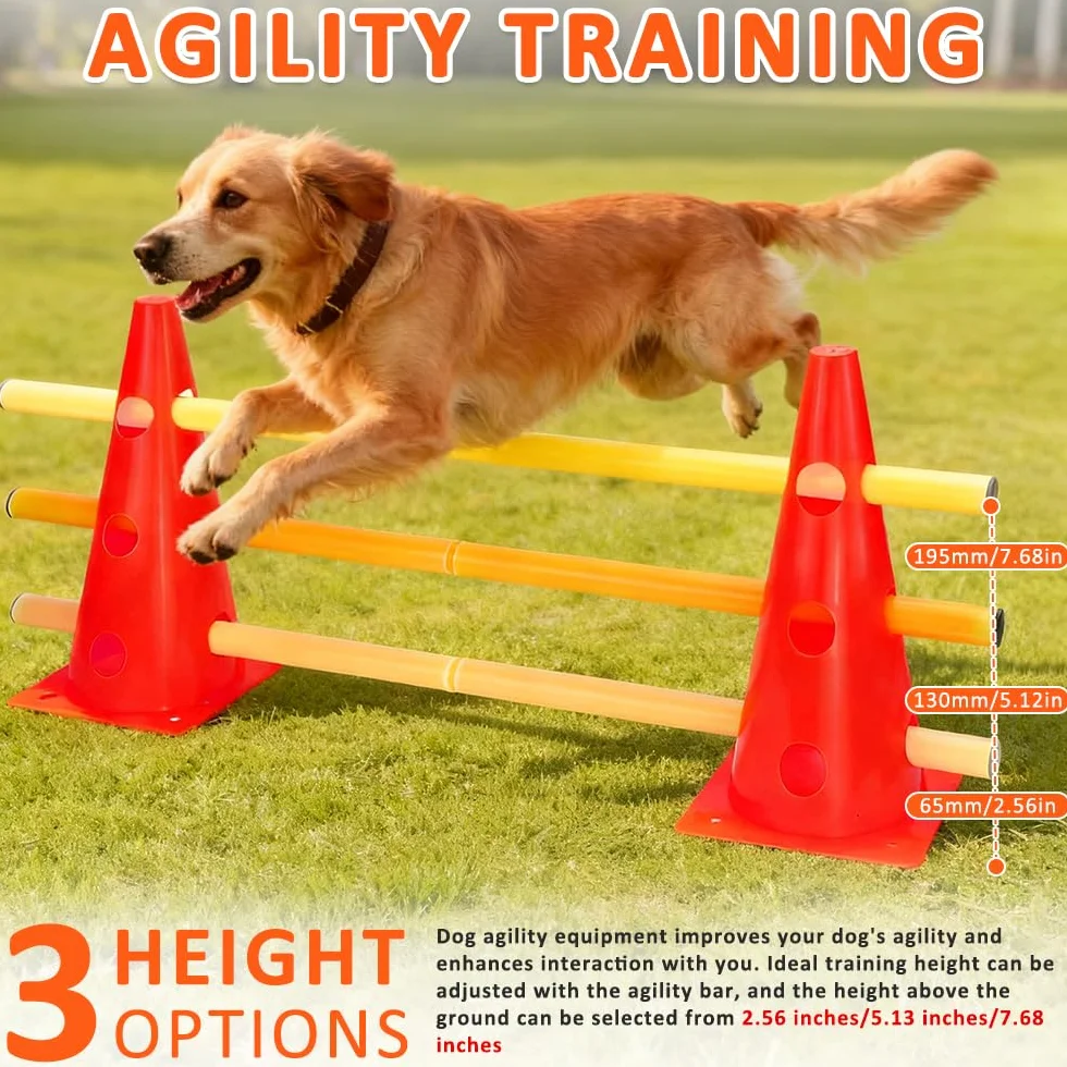Haies d'Entraînement Agilité pour Chien, Saut Obstacle 8 Cônes 32cm + 4 Barres 80cm