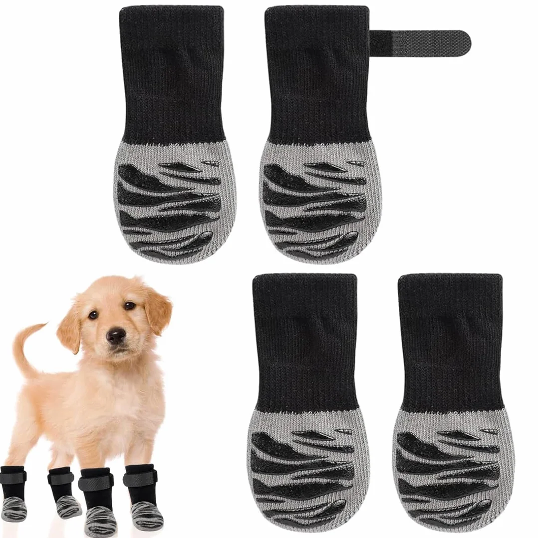 Chaussettes Antidérapantes pour Chien, Protection Coussinet, Chaussure Chien Réglable avec Adhérence, Noir, S (4 Pièces)