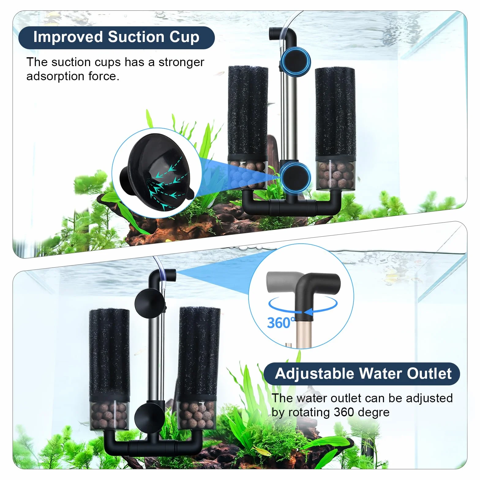 Hygger Filtre à Double éponge pour Aquarium, Double Filtration, Pivotant, Clip Extensible, Submersible, Eau Douce ou Salée, 208 L