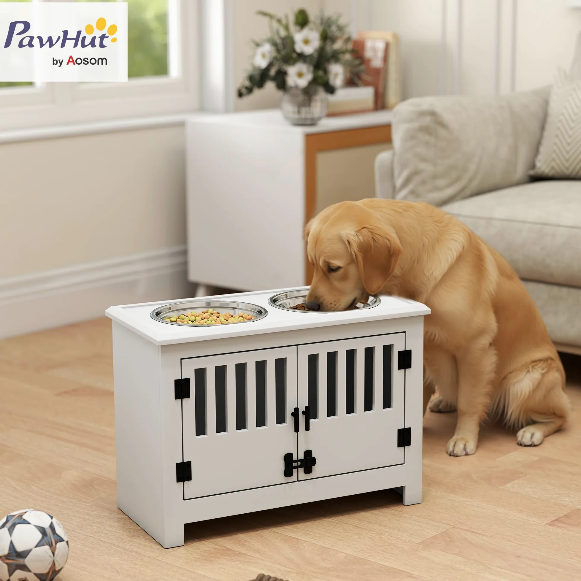PawHut Grandes gamelles surélevées avec Armoire de Rangement 37L Blanc | Support gamelle surélevée, gamelle nourriture, station alimentation chien