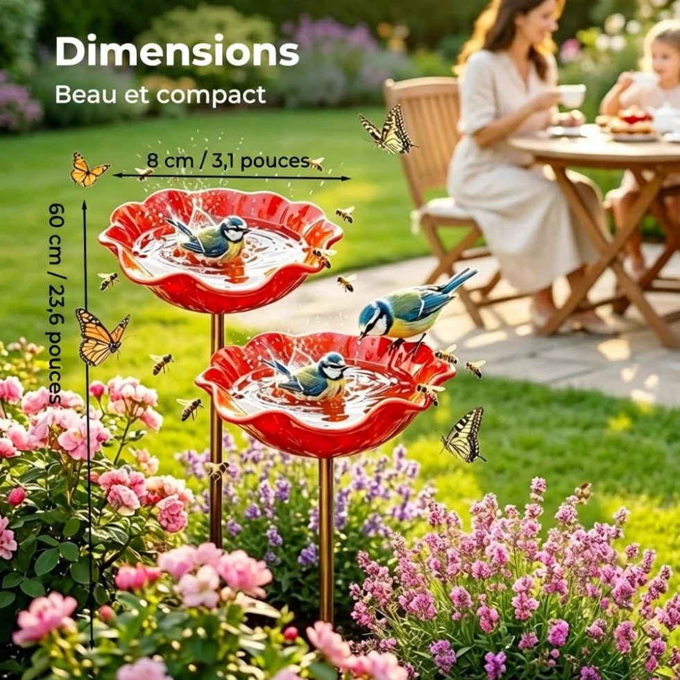 Abreuvoir Oiseaux Métal Motif Fleurs, Bain Oiseau Décoratif Résistant Intempéries, Piquet Jardin Fleur Métal Fait Main (Rouge)