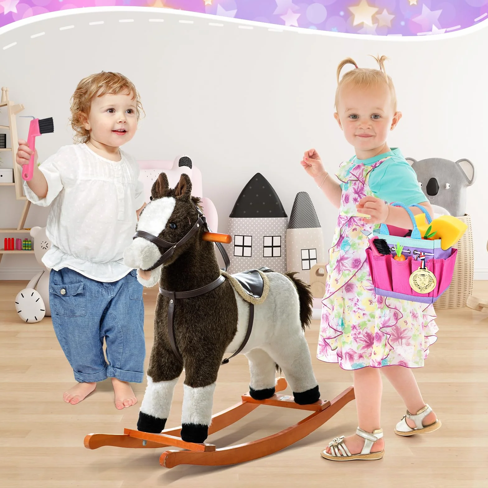 Set de Pansage Cheval Jouet Accessoires Enfants avec Brosse de Massage et Grattoir à Sabot