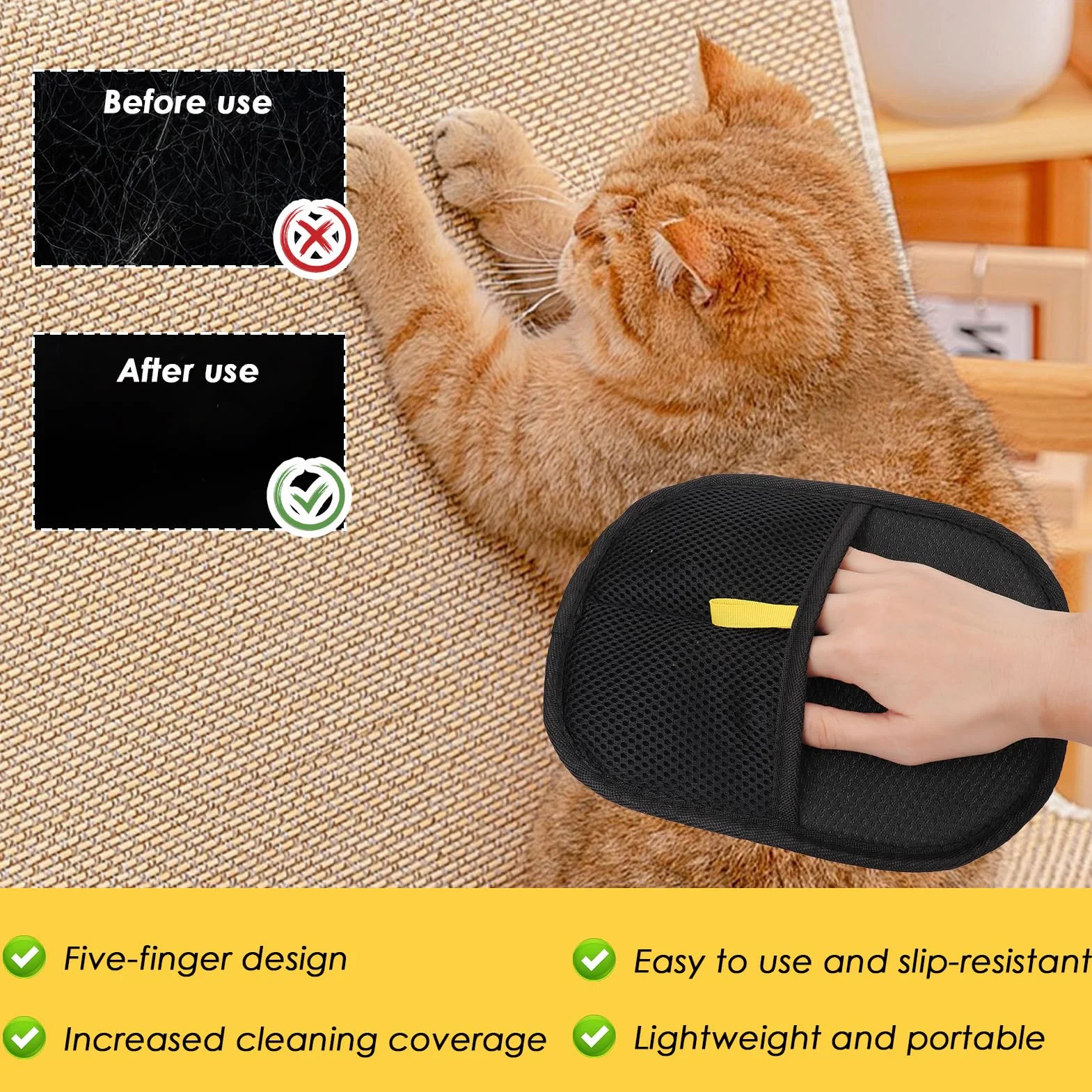 Gant Anti Poils Animaux Antistatique Lavable pour Chiens Chats Toilettage Massage - Noir