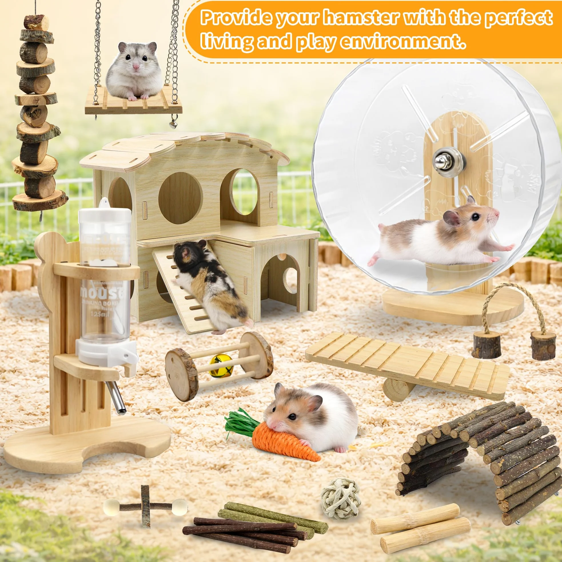 Lot de 20 accessoires pour cage à hamster, roue silencieuse de 24 cm, jouets à mâcher, maison en bois et bouteille d'eau avec support pour chinchillas, lapins, cochons d'Inde, rats, petits animaux